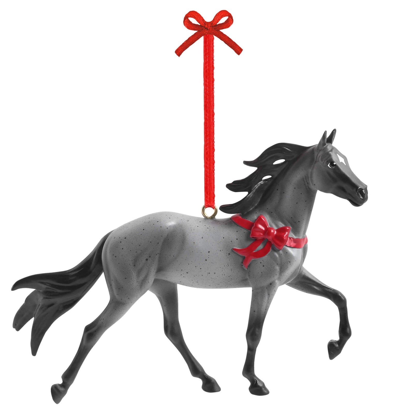 Breyer Stablemates Tennessee Walking Horse Ornament. A blue roan Tennessee Walking Horse with a red ribbon ornament designed by artist Sommer Prosser.