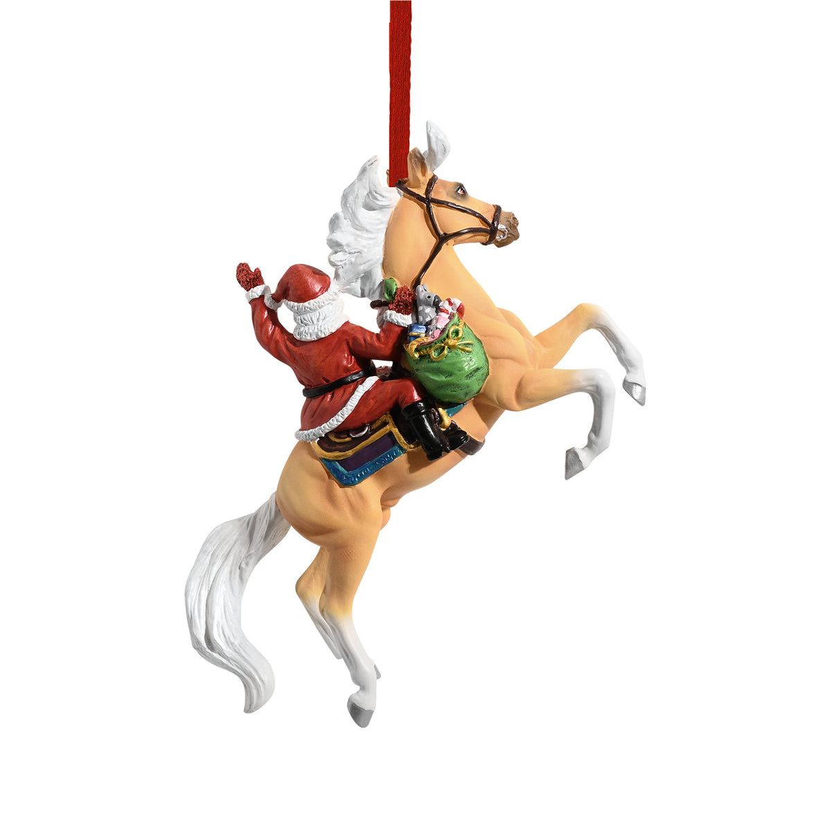 Breyer Stablemates Hi Ho Santa Ornament 2024. A Christmas ornament featuring Santa Claus riding a golden palomino horse, with Santa waving and the horse rearing up on its hind legs. The ornament is hung by a red ribbon.