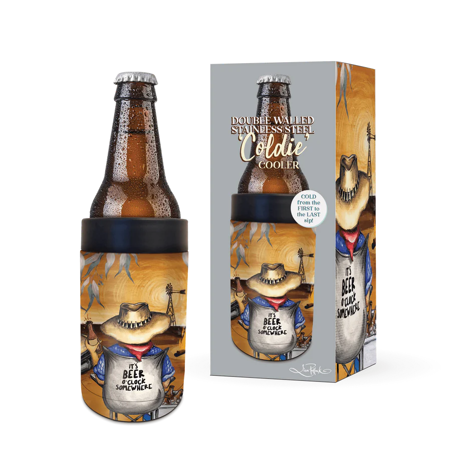 Lisa Pollock Beer O'clock Coldie Cooler. Can cooler with a cowboy design and text 'It's Beer O'Clock Somewhere' on a white background