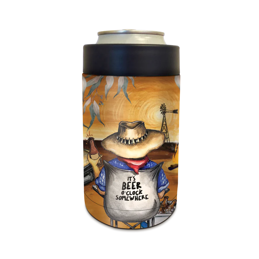 Lisa Pollock Beer O'clock Coldie Cooler. Can cooler with a cowboy design and text 'It's Beer O'Clock Somewhere' on a white background