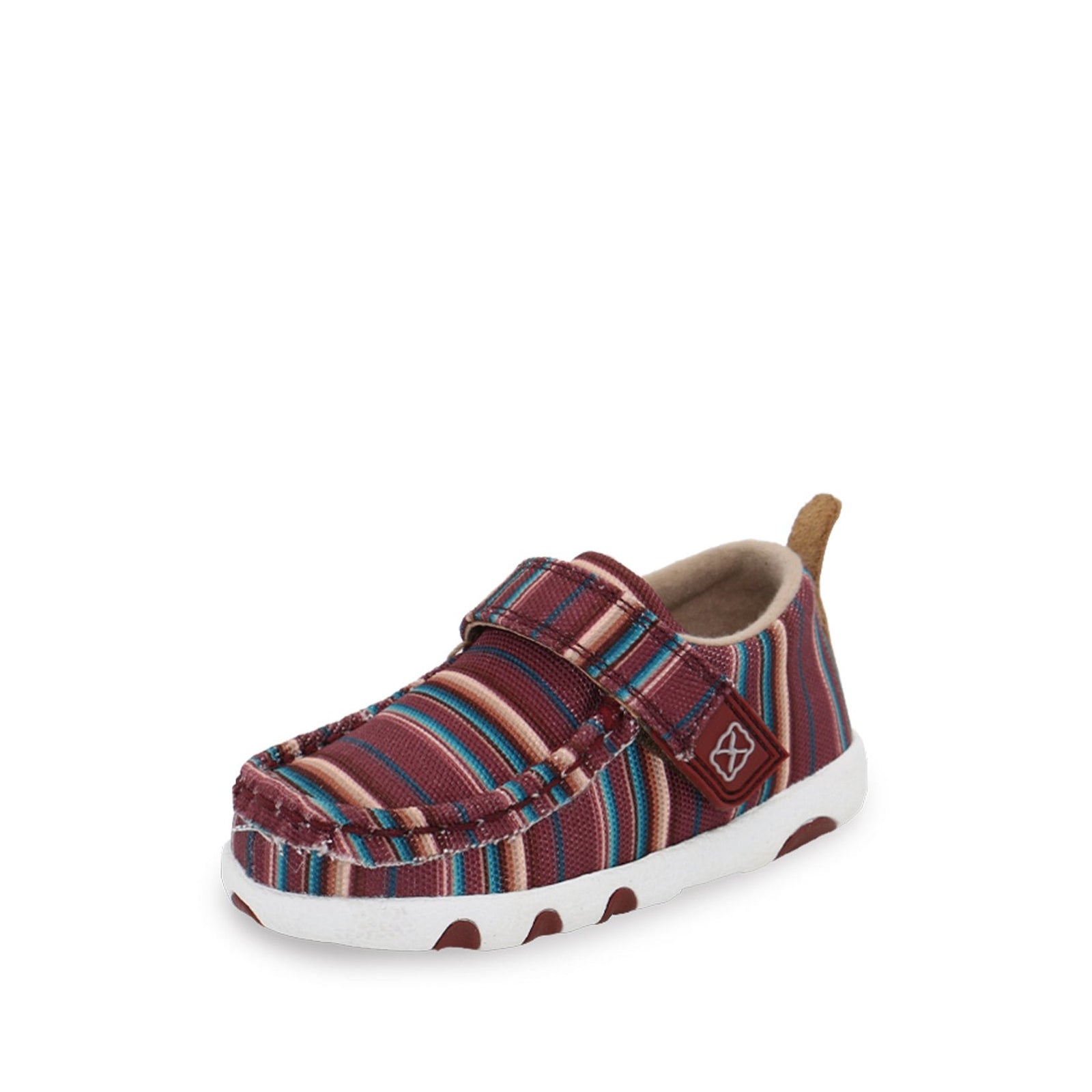 Twisted X Infant Woven Stripe Casual Mocs. Infant woven stripe casual mocassin with a canvas upper and a rubber outsole, featuring a secure hook and loop strap.