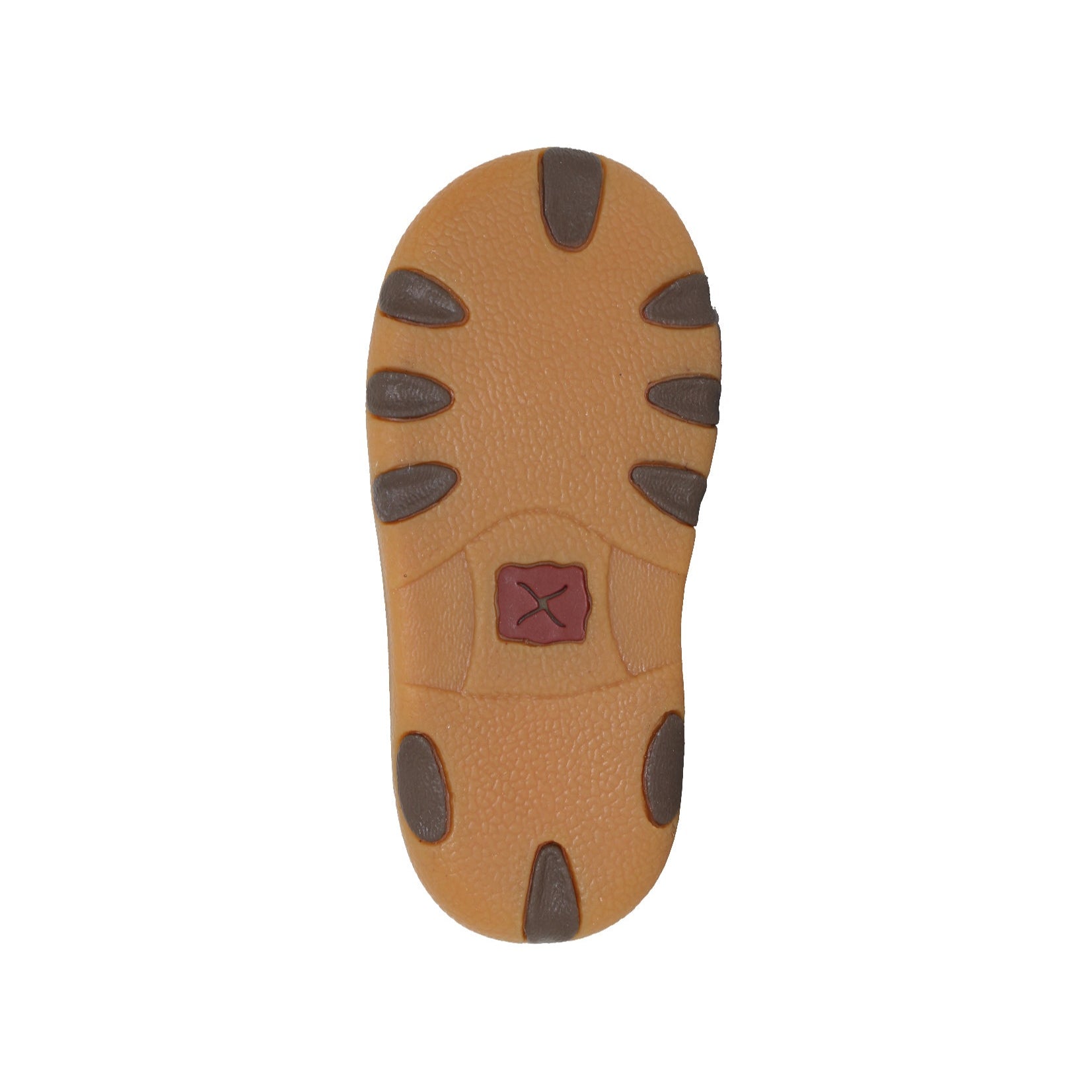 Twisted X Infants Weave Barb Casual Mocs. Brown children's shoe with a checkered pattern on a white background