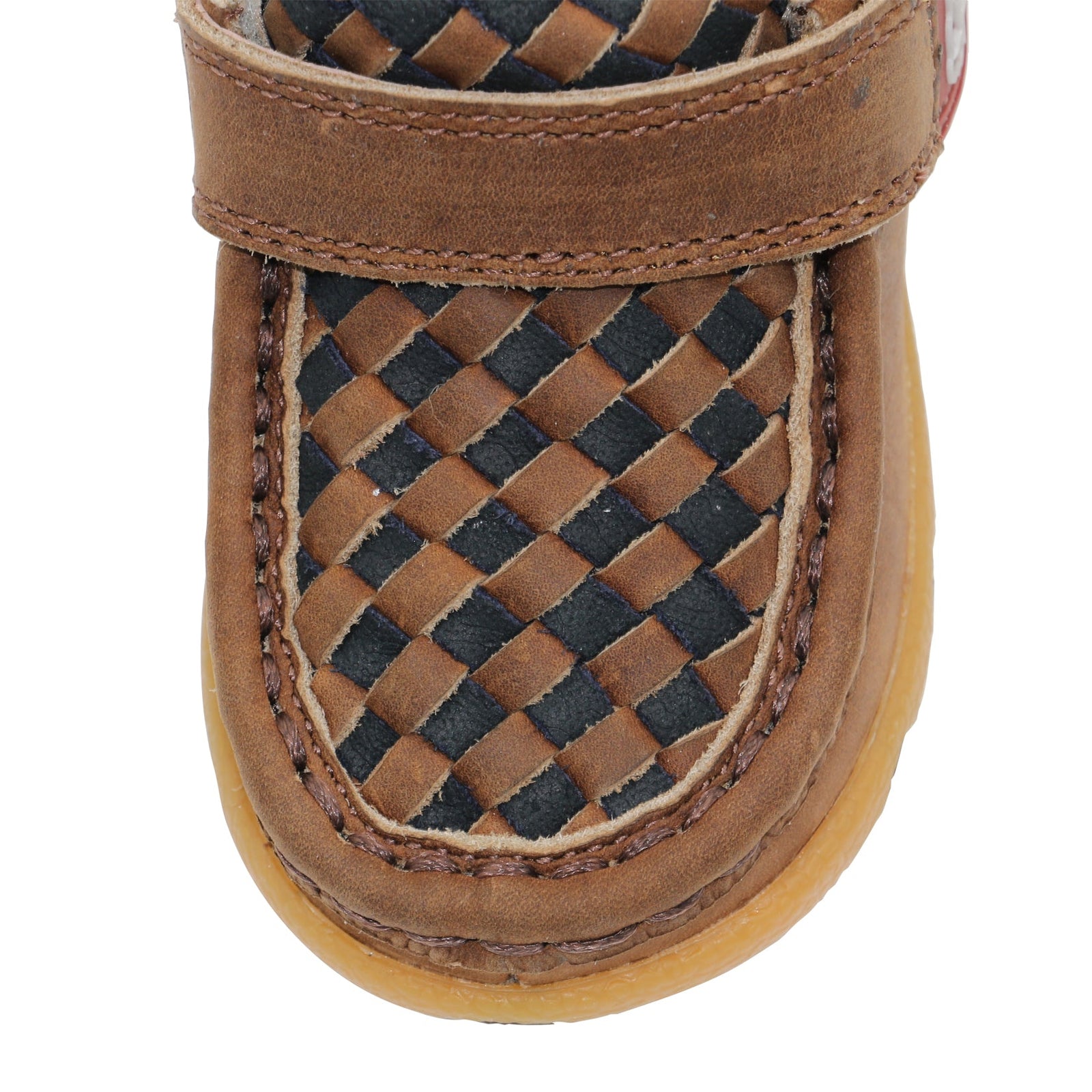 Twisted X Infants Weave Barb Casual Mocs. Brown woven patterned shoe on a white background