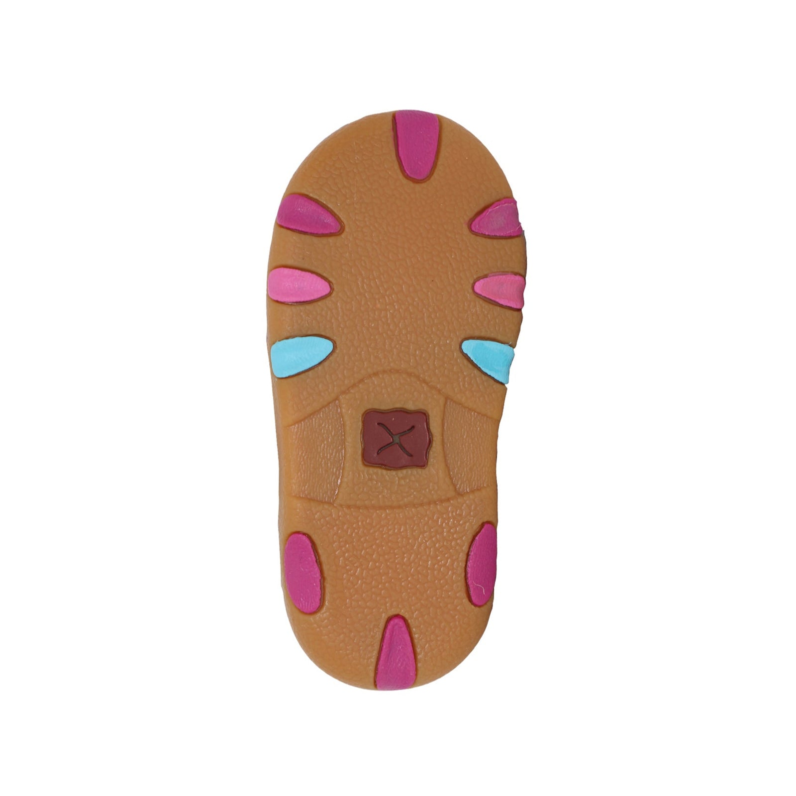 Twisted X Infants Cactus Sky Casual Moc. Children's brown shoe with colorful sole on a white background