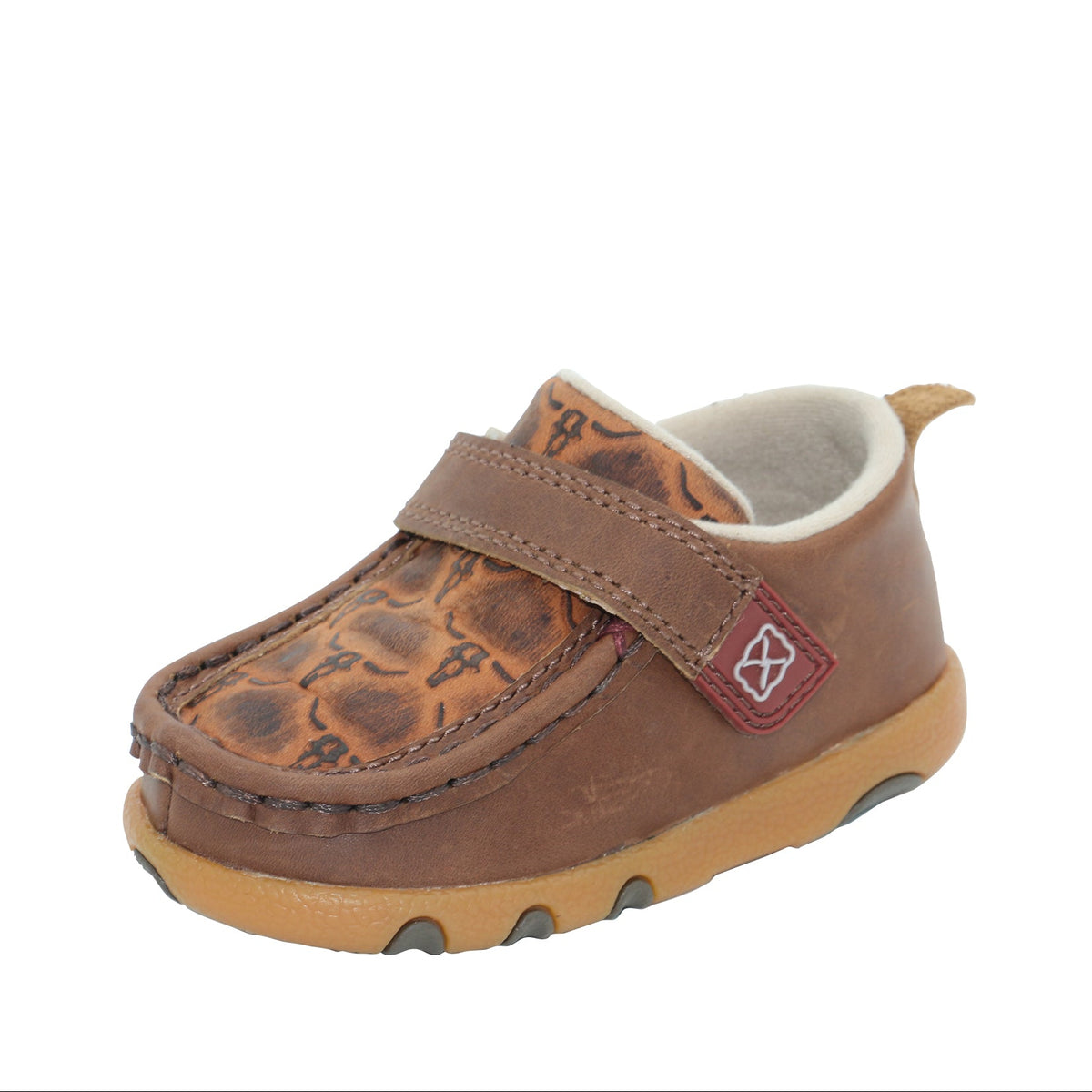 Brown children's shoe with a strap on a white background