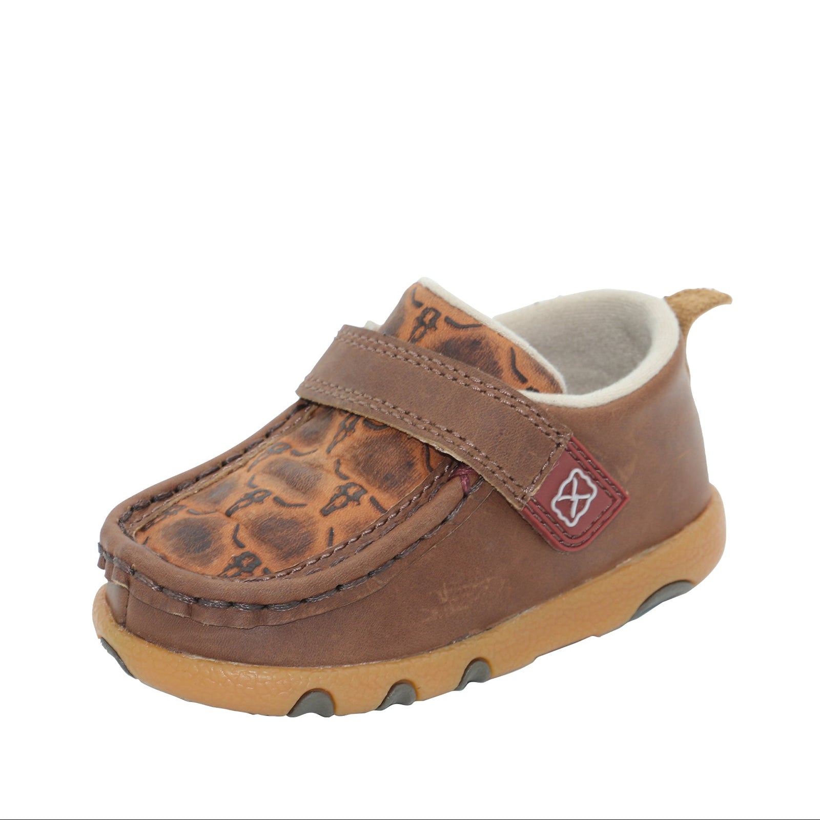 Brown children's shoe with a strap on a white background