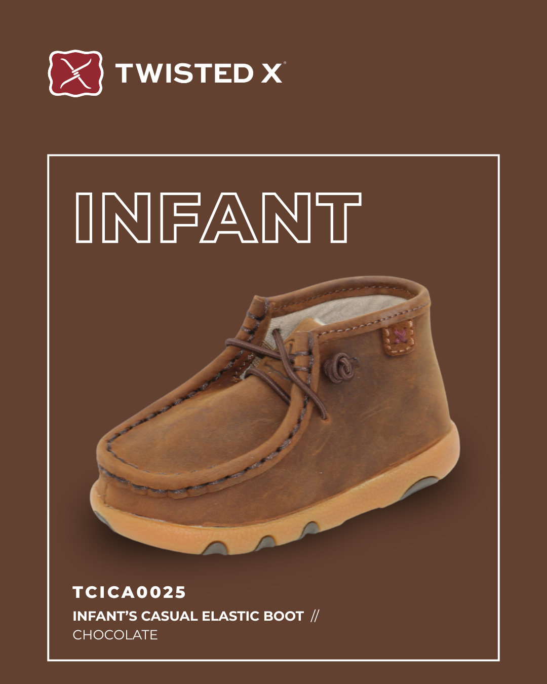 Brown infant's casual elastic boot with 'Twisted X' branding on a brown background