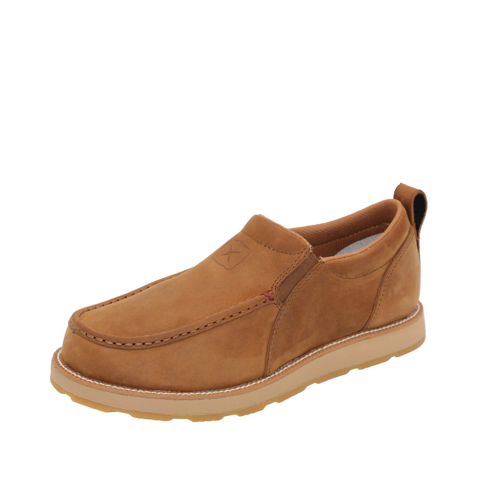 Twisted X Men's Cellstretch Wedge Sole Slip On. A brown Twisted X Men's Cellstretch Wedge Sole Slip On shoe with a low heel and no Shoelaces.