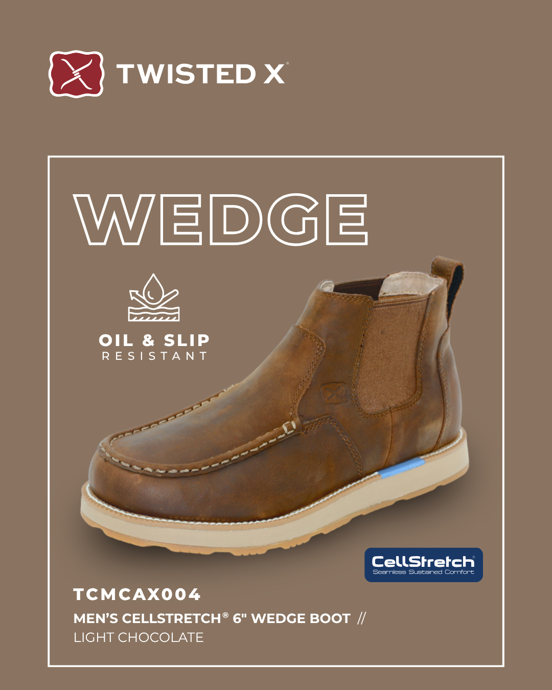 Brown men's wedge boot with 'Twisted X' branding on a brown background