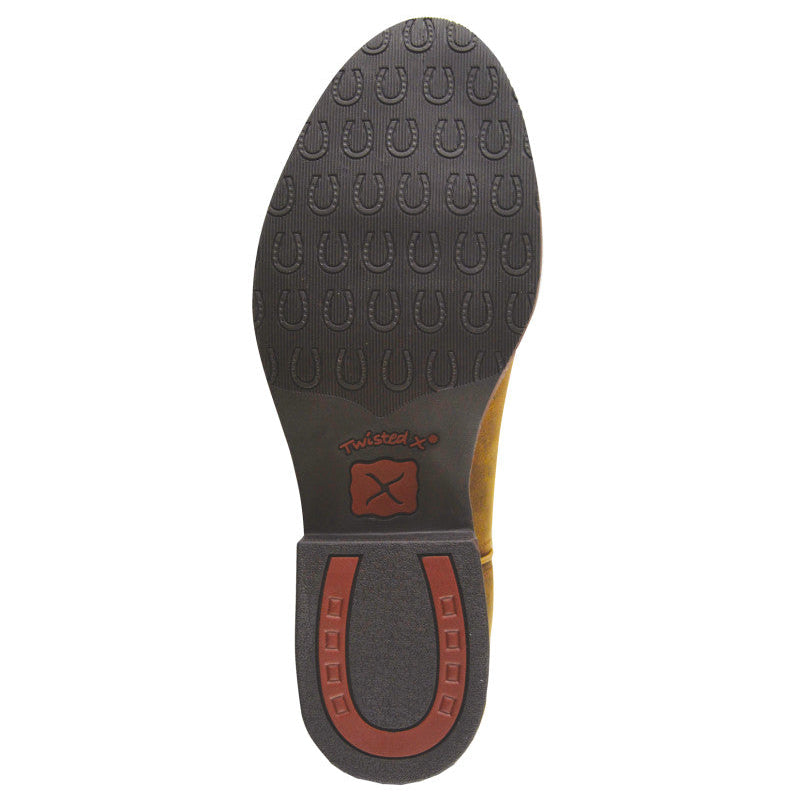 Twisted X Men's Roper Waterproof Leather Boot. Close-up of a shoe sole with brand logo on a white background