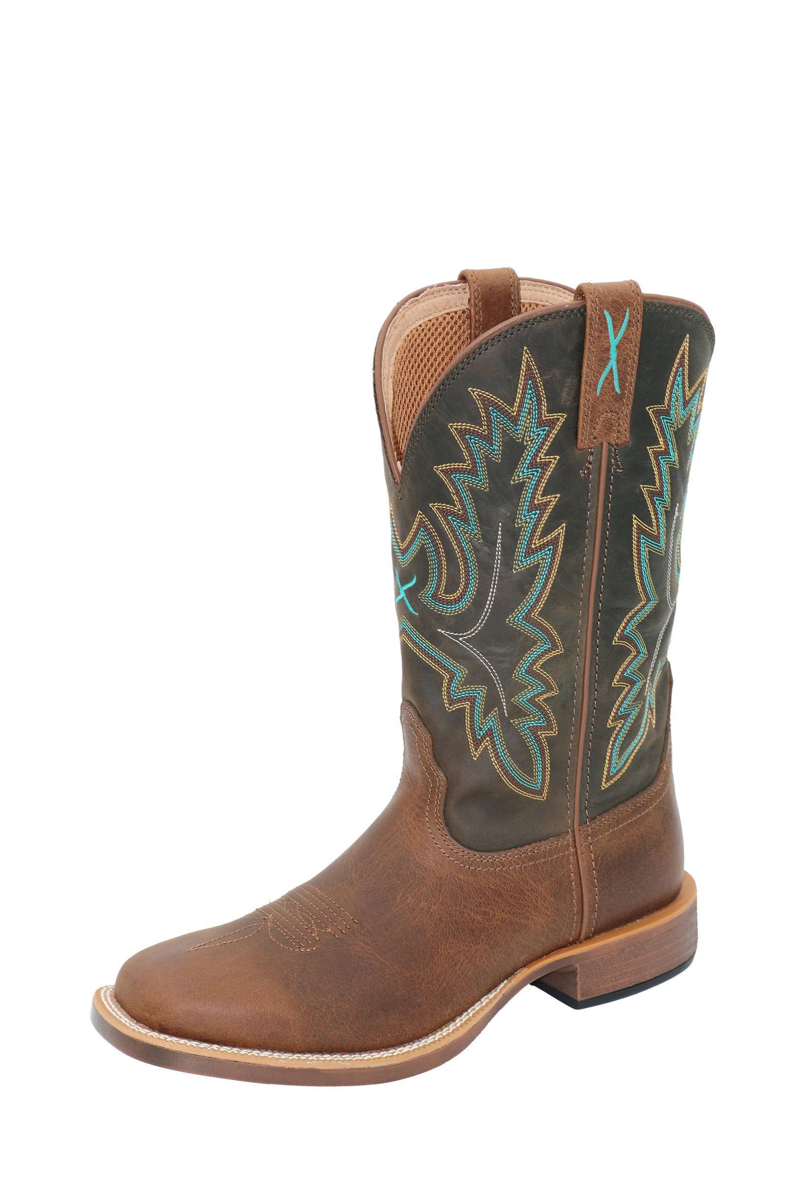 Brown cowboy boot with green and brown pattern on a white background