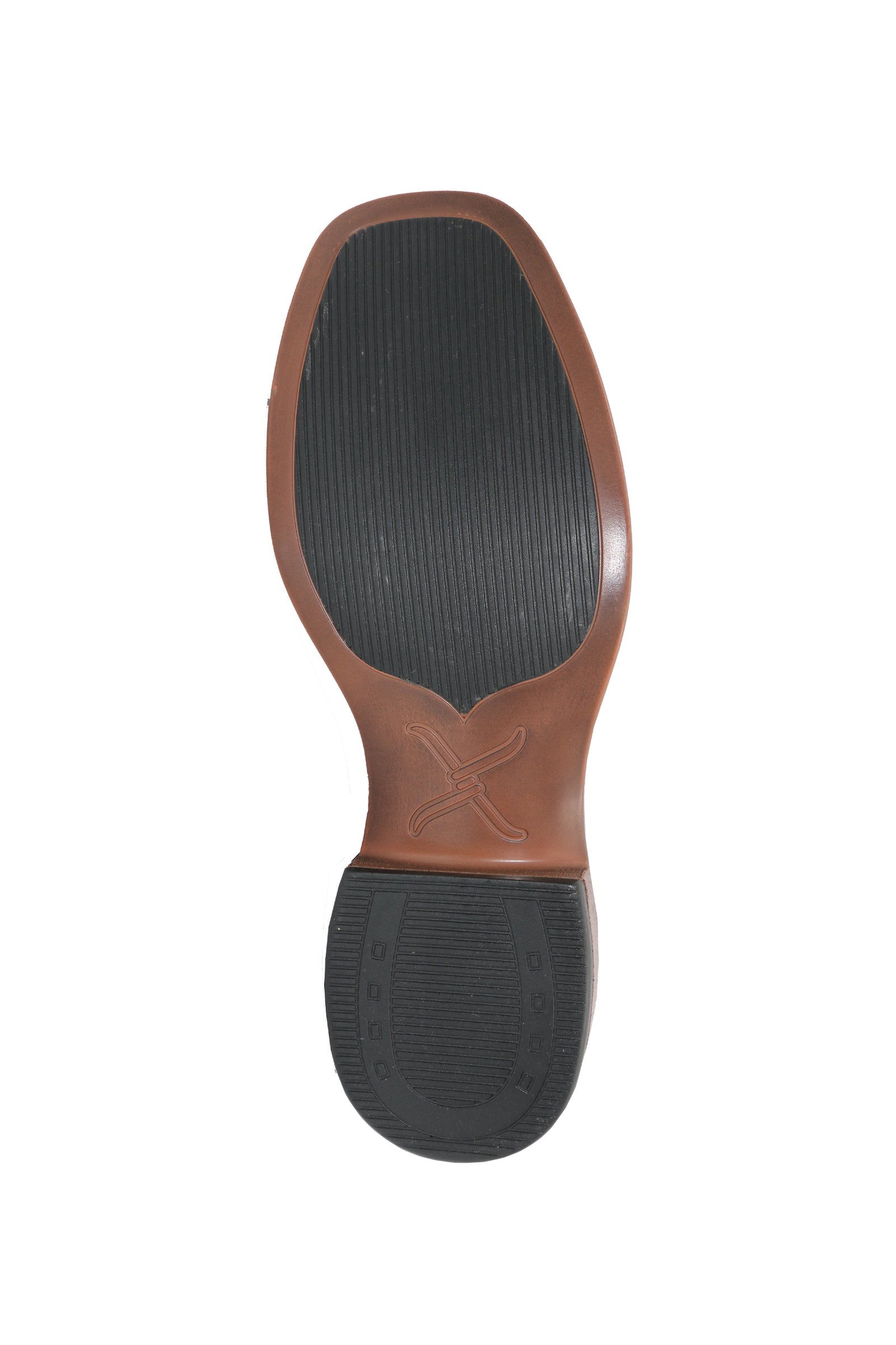 Brown cowboy boot with green and brown pattern on a white background