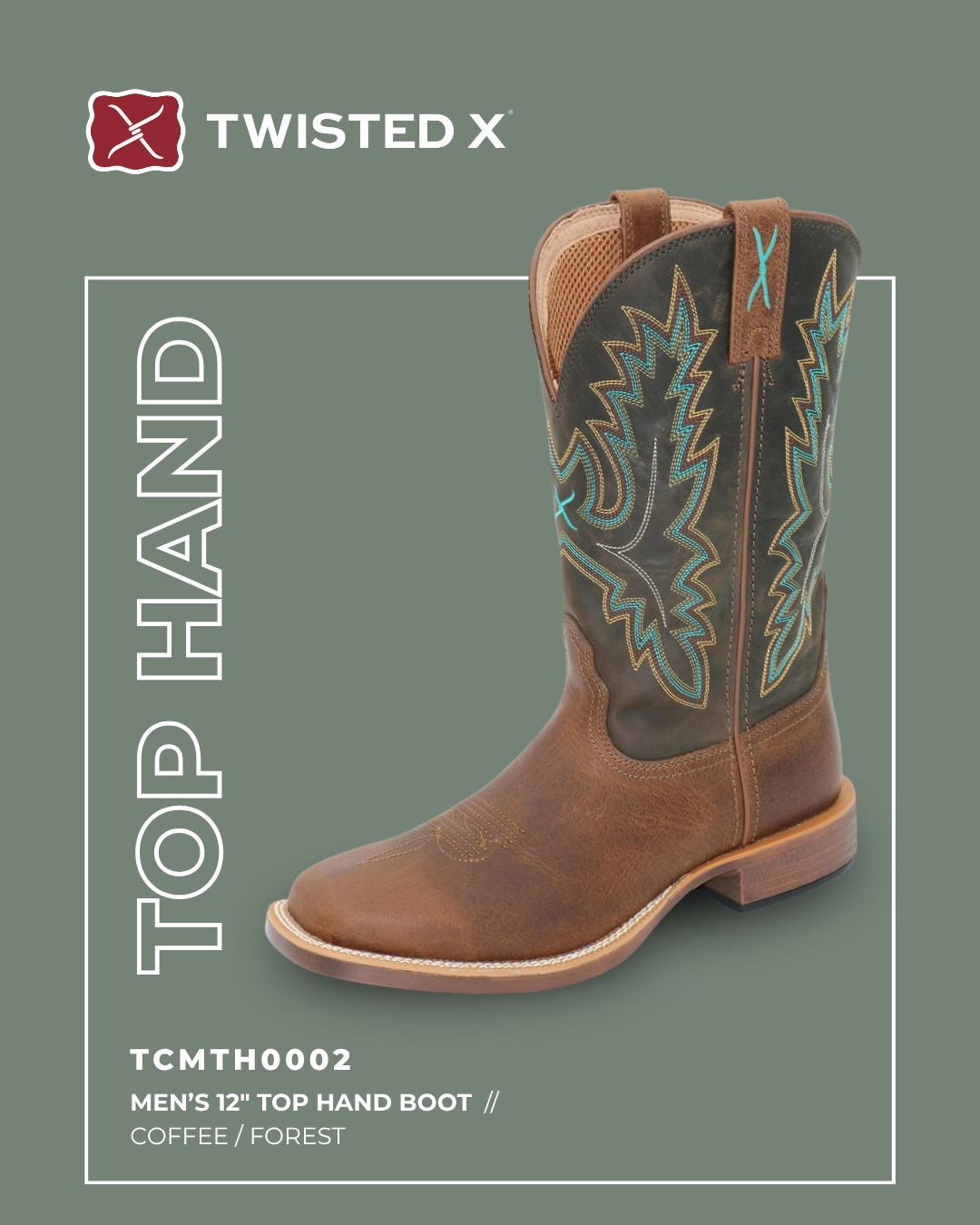 Brown cowboy boot with intricate design on a gray background, featuring the Twisted X brand.
