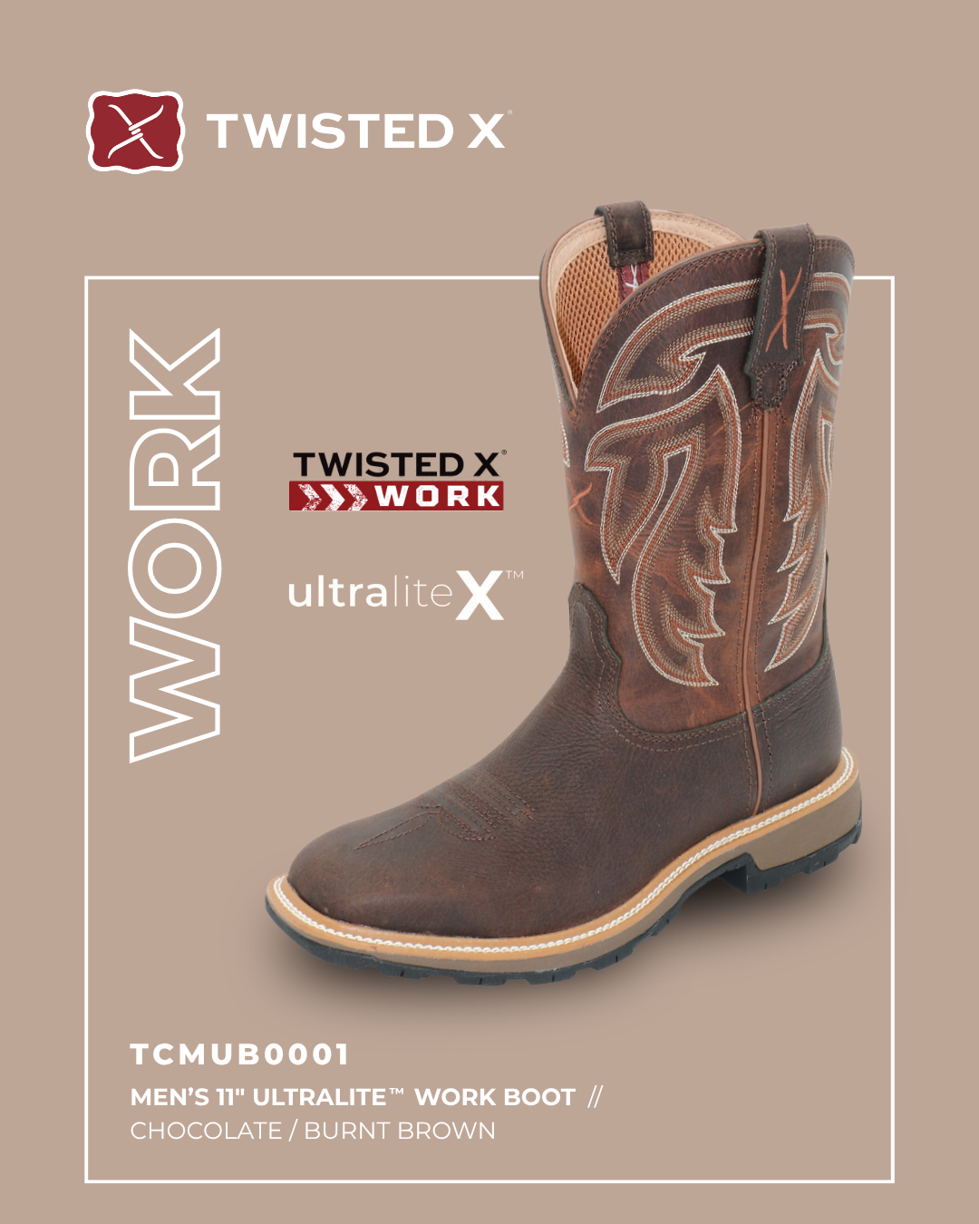 Brown work boot with 'Twisted X' branding on a beige background