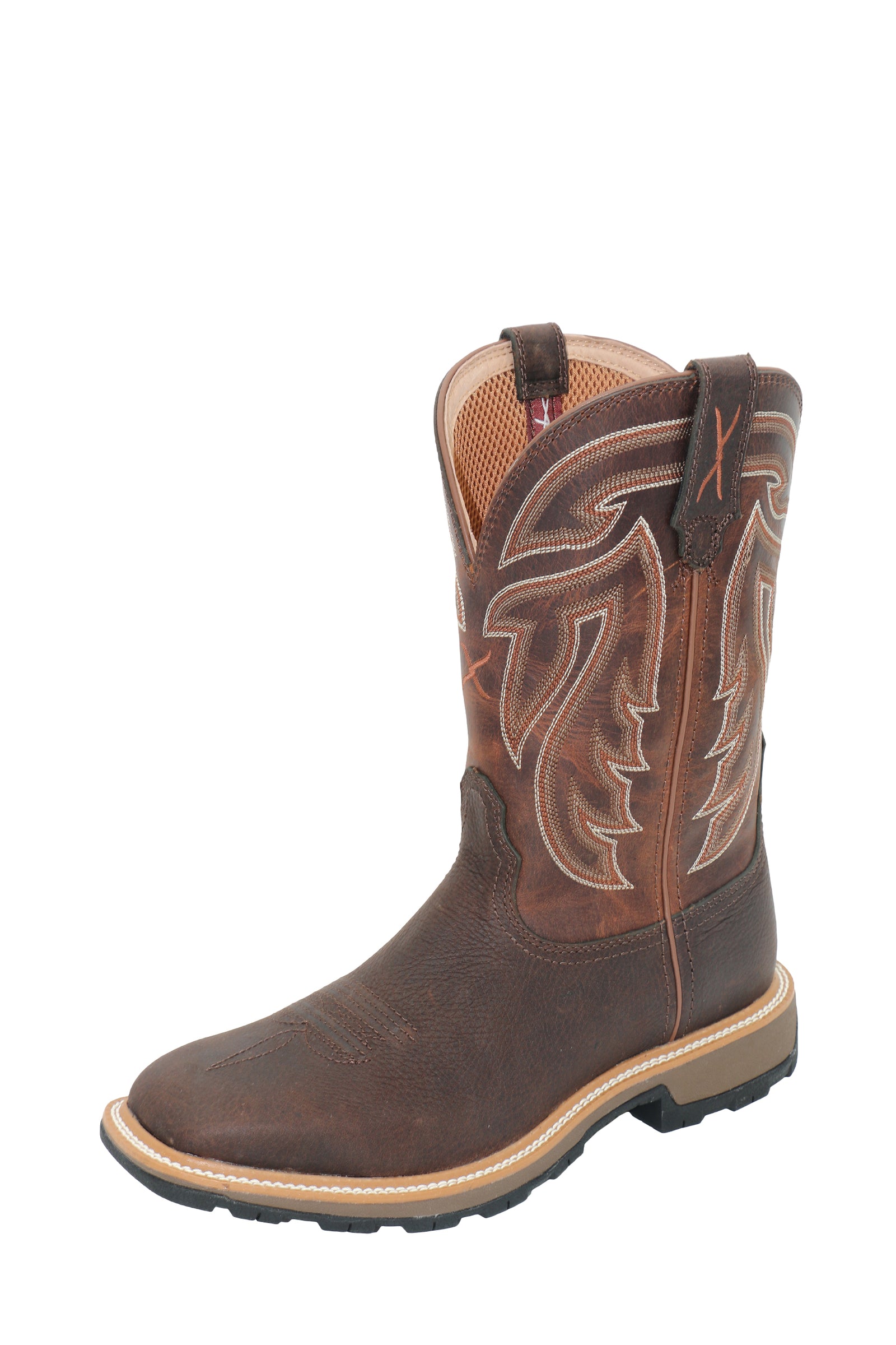 Brown cowboy boot with intricate stitching on a white background