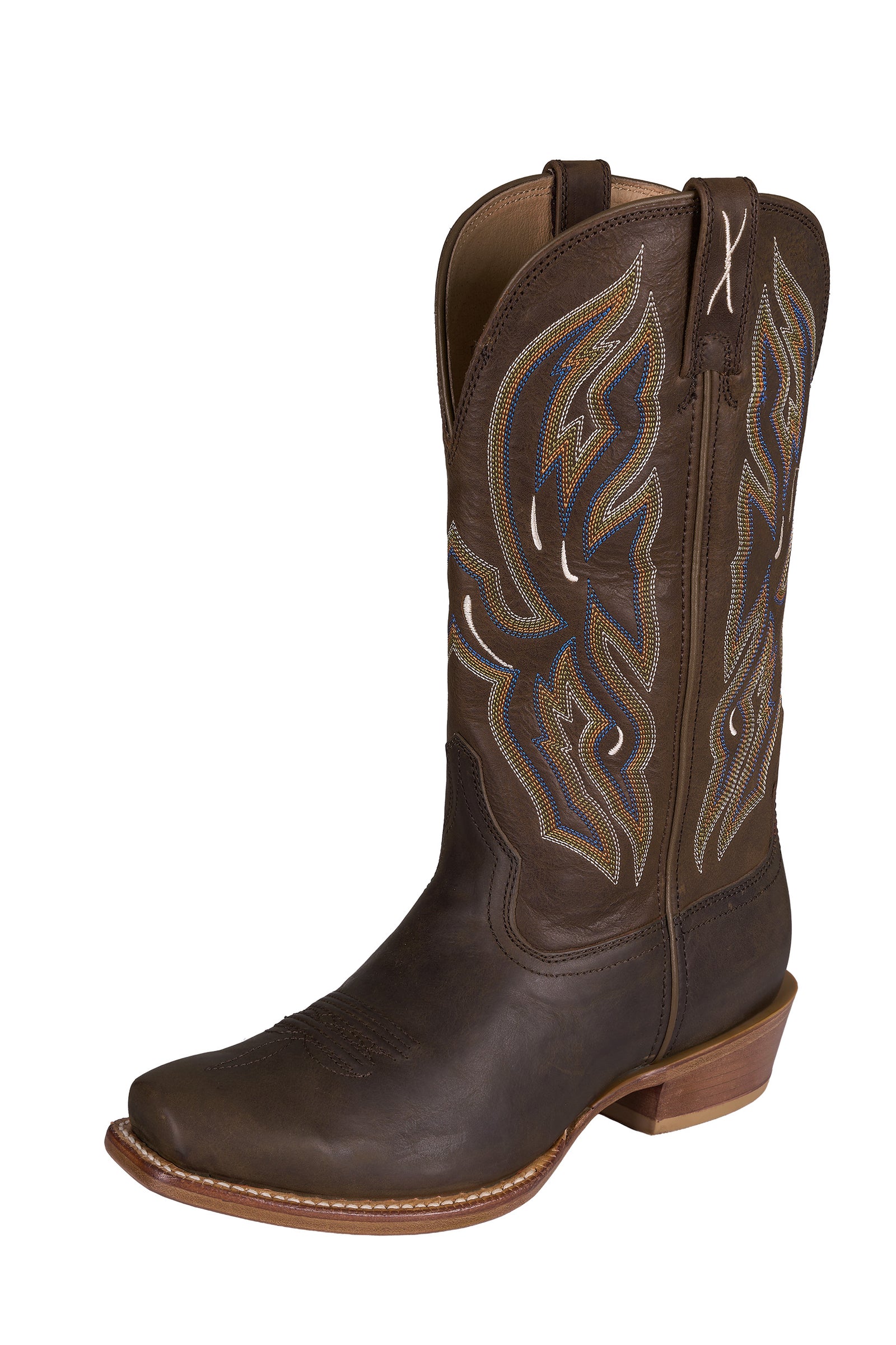 Brown cowboy boot with intricate stitching on a white background
