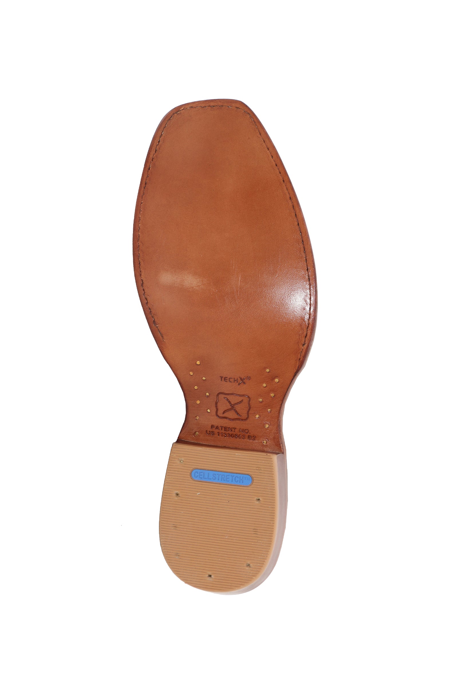 Brown cowboy boot with intricate stitching on a white background