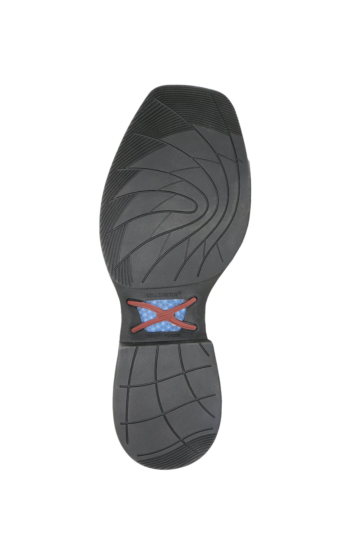 Twisted X Men's 6" Tech X1 Zip Side Western Boot. Black shoe sole with a brand logo on a white background