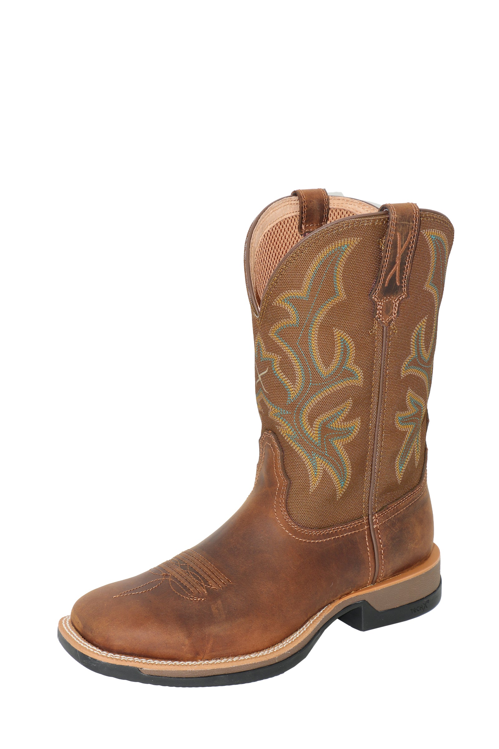 Brown cowboy boot with intricate design on a white background