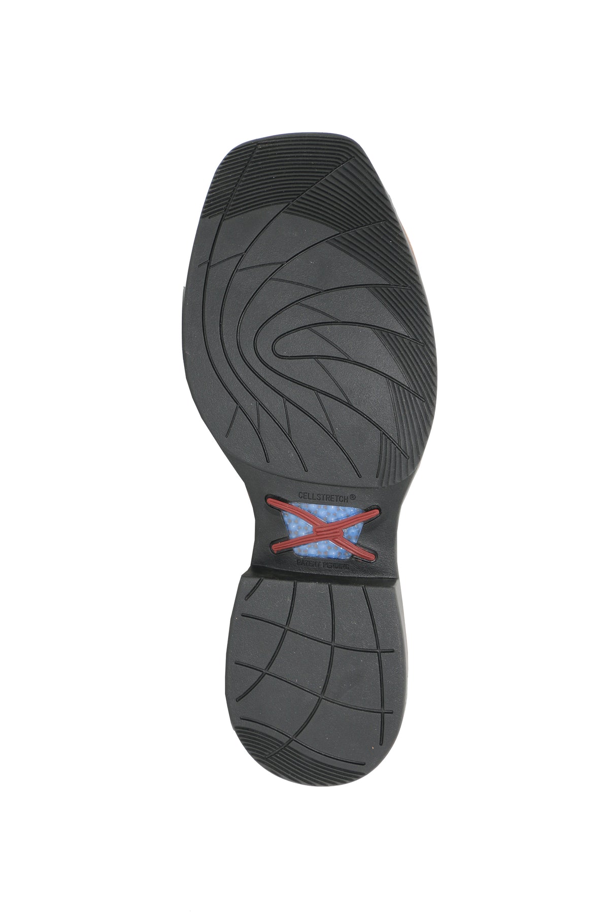 Black shoe sole with a brand logo on a white background