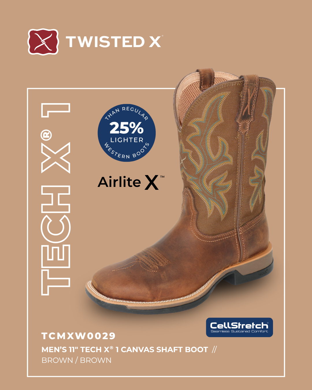 Brown cowboy boot with 'Twisted X' branding on a beige background