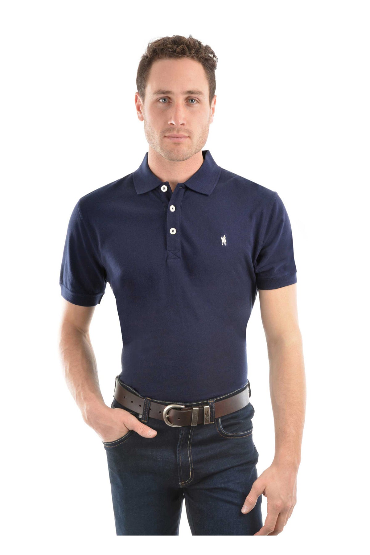 Man wearing a navy blue polo shirt with a logo on a white background