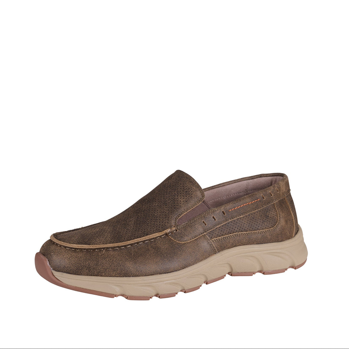 A single brown slip-on loafer shoe with a textured suede-like upper and a thick beige sole, shown from a side profile on a plain white background.