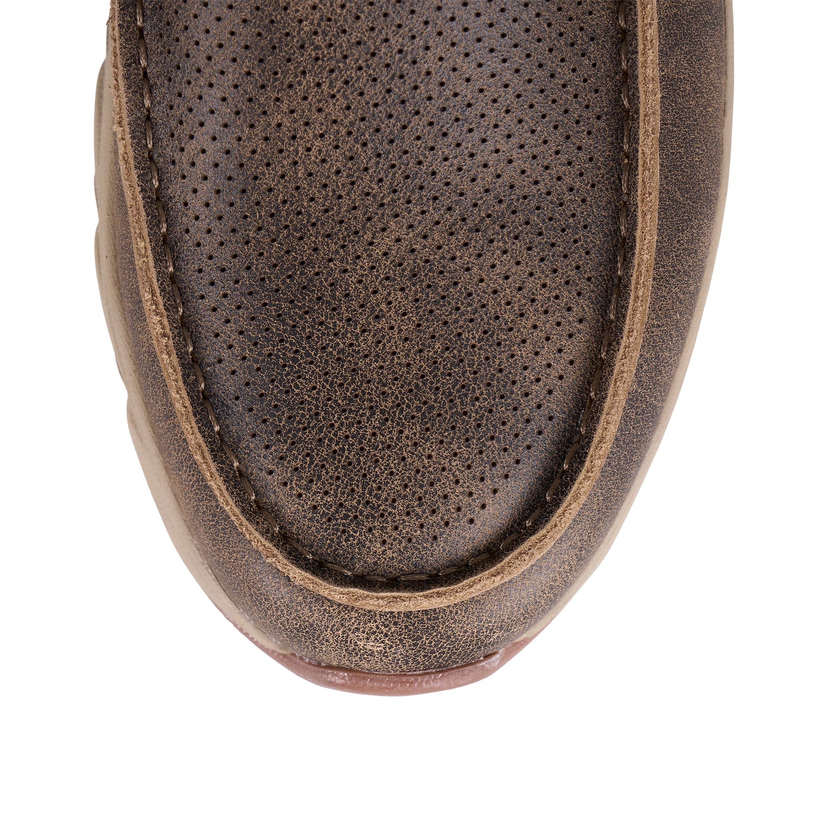 Close-up top view of a brown leather shoe with perforated upper and visible stitching on a white background.
