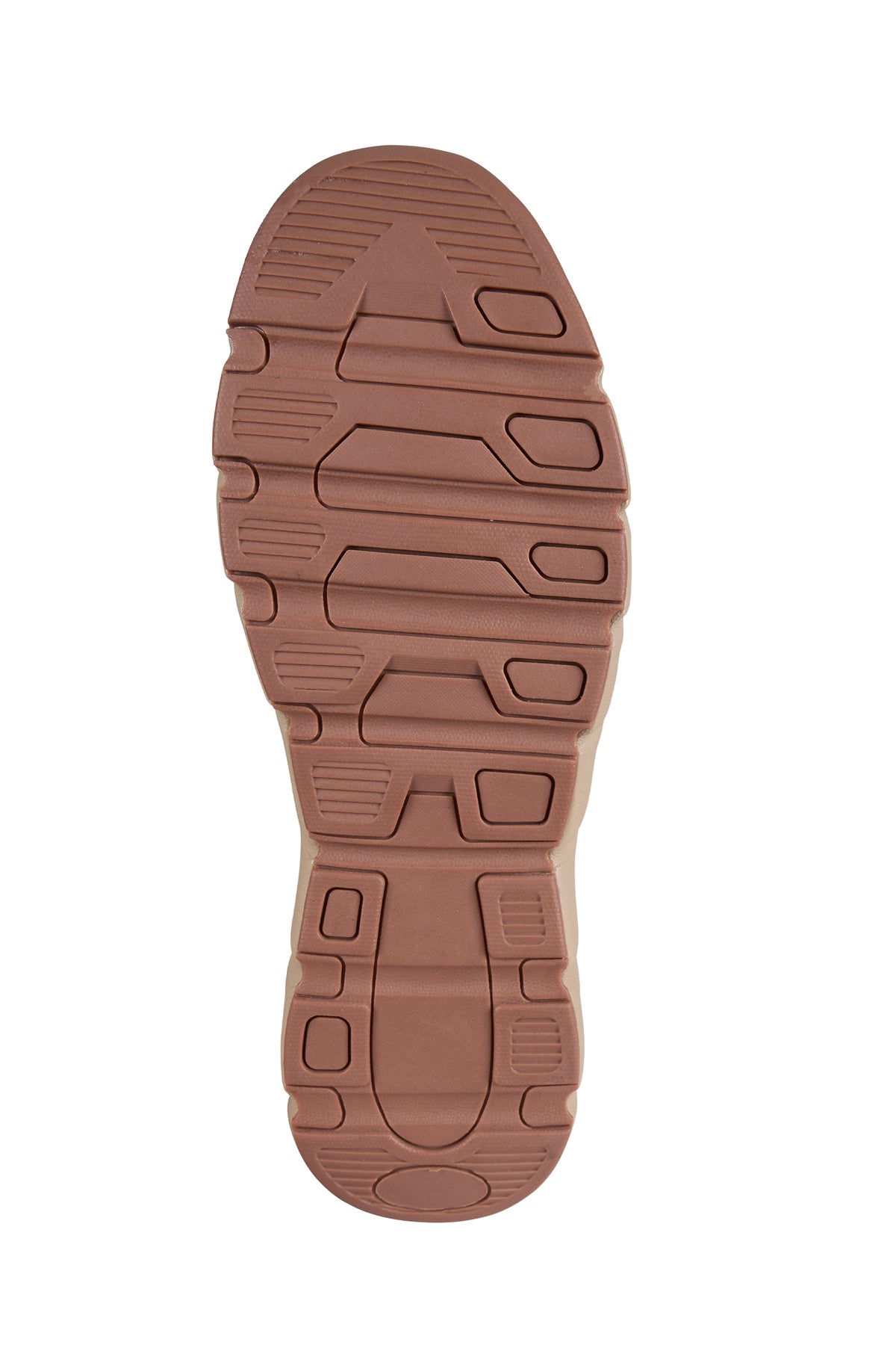 A close-up top-down view of a shoe's brown textured rubber sole, showing its tread pattern against a plain white background.