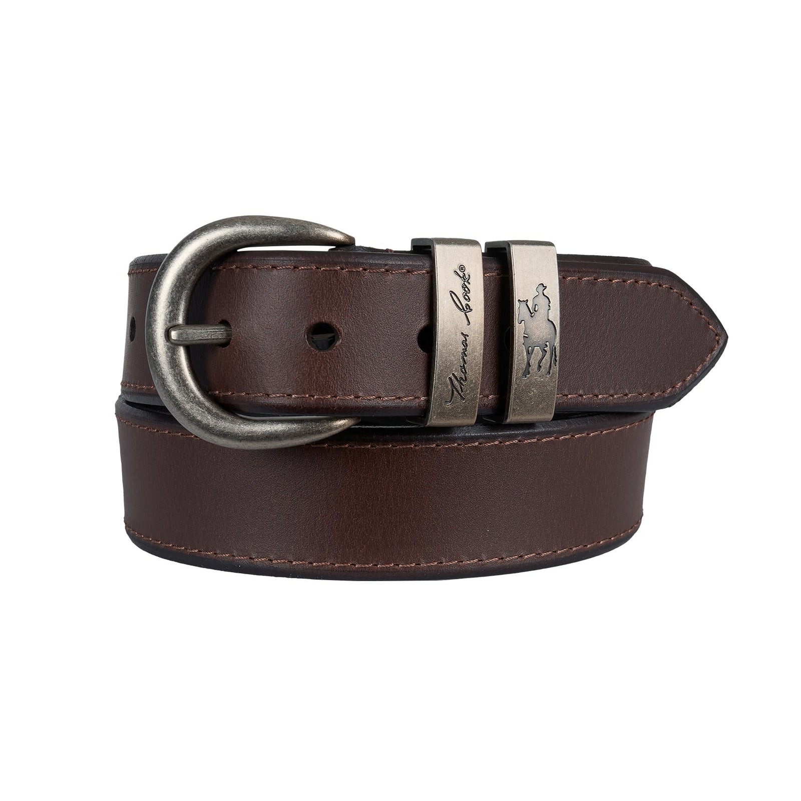 Brown leather belt with silver buckle on a white background
