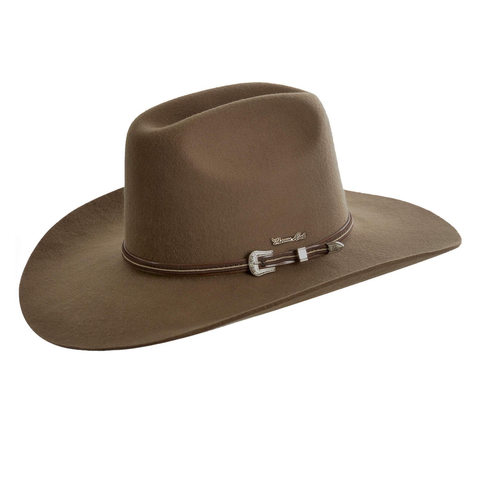 Thomas Cook Bronco Felt Cowboy Hat. A brown felt cowboy hat with a leather sweat band, metal buckle, and a detachable feather. The hat has a low crown and a wide brim.