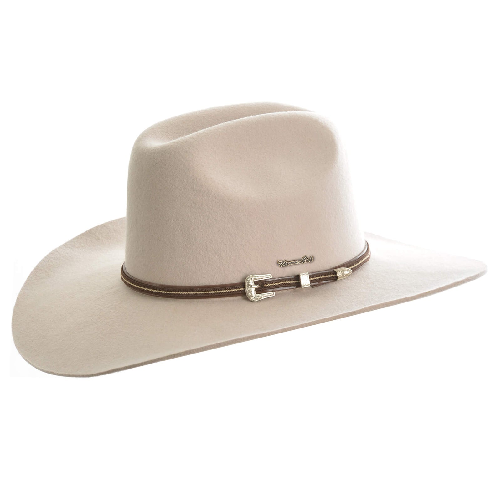 Thomas Cook Bronco Felt Cowboy Hat. A beige felt cowboy hat with a wide brim and a leather sweat band, featuring a metal buckle on the hat band and a showerproof design.