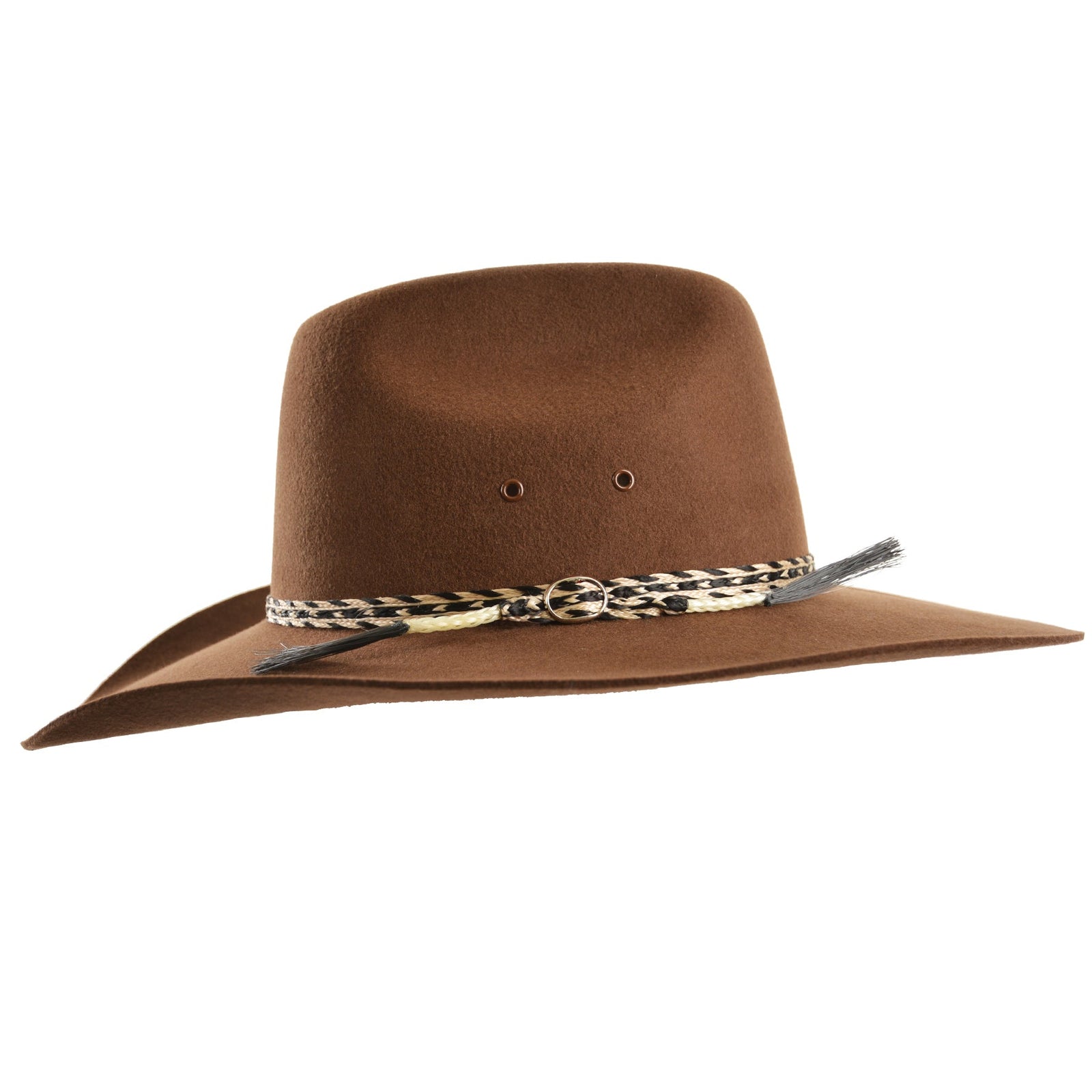 Thomas Cook Station Wool Felt Cowboy Hat. A grey wool felt cowboy hat with a braided band and a leather sweatband, featuring metal eyelets and a metal ring for adjustability.