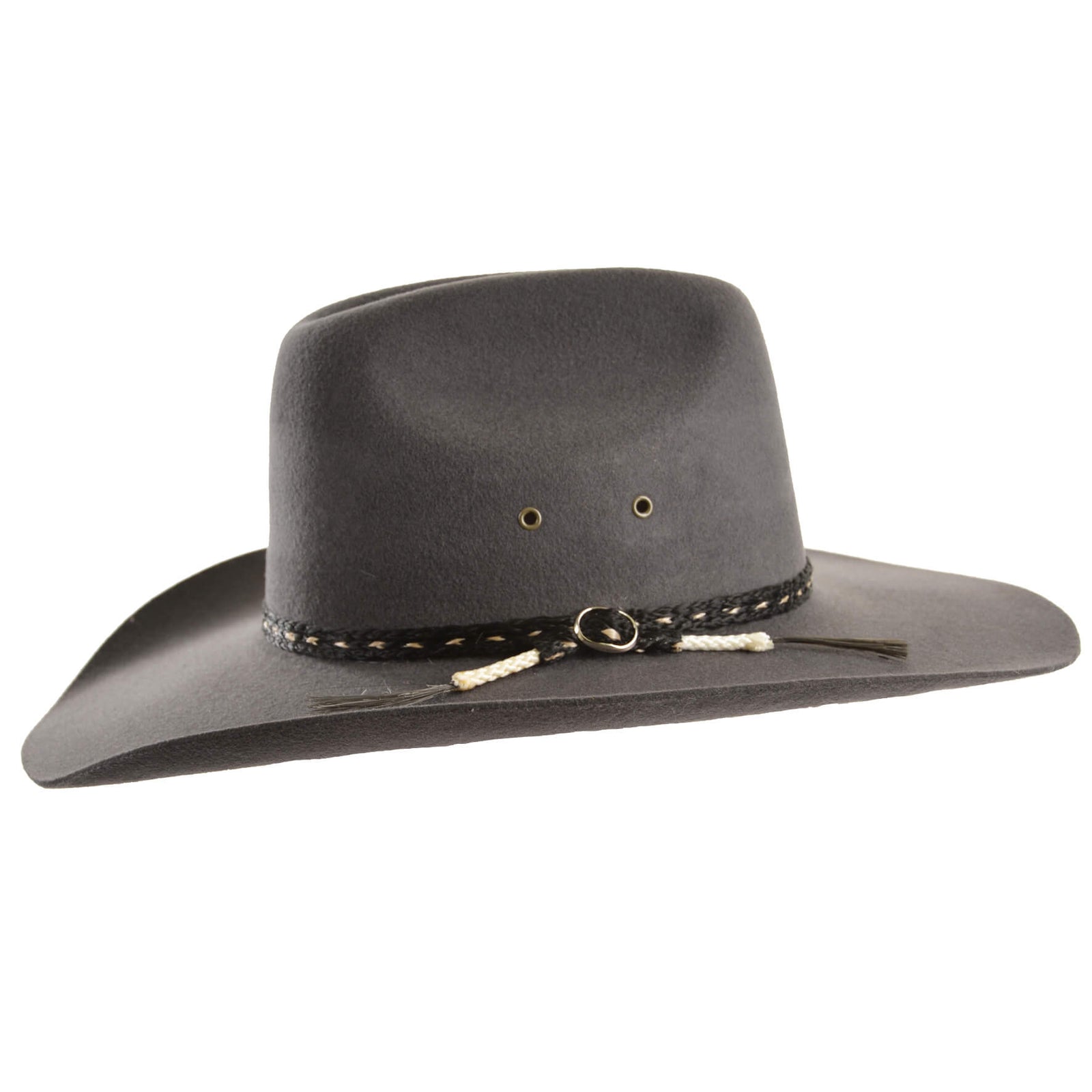 Thomas Cook Station Wool Felt Cowboy Hat. A grey wool felt cowboy hat with a braided band and a leather sweatband, featuring metal eyelets and a metal ring for adjustability.
