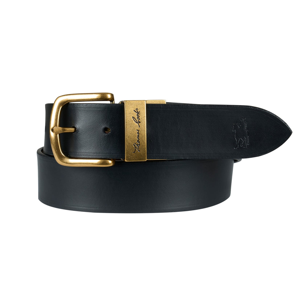 Thomas Cook Men's Lincoln Reversible Belt. Black leather belt with a gold buckle on a white background