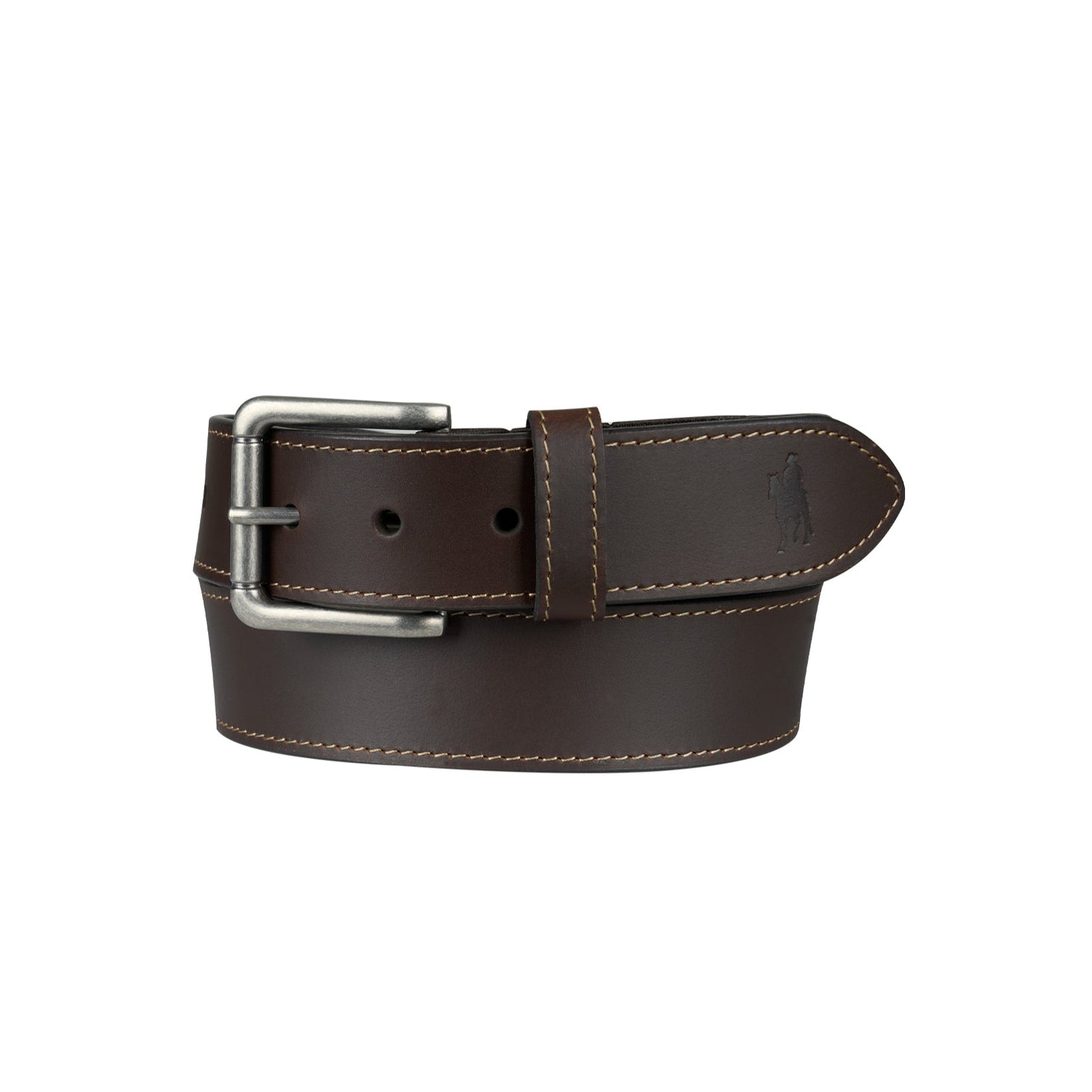 Thomas Cook Men's Elliot Comfort Belt. Brown leather belt with a silver buckle on a white background