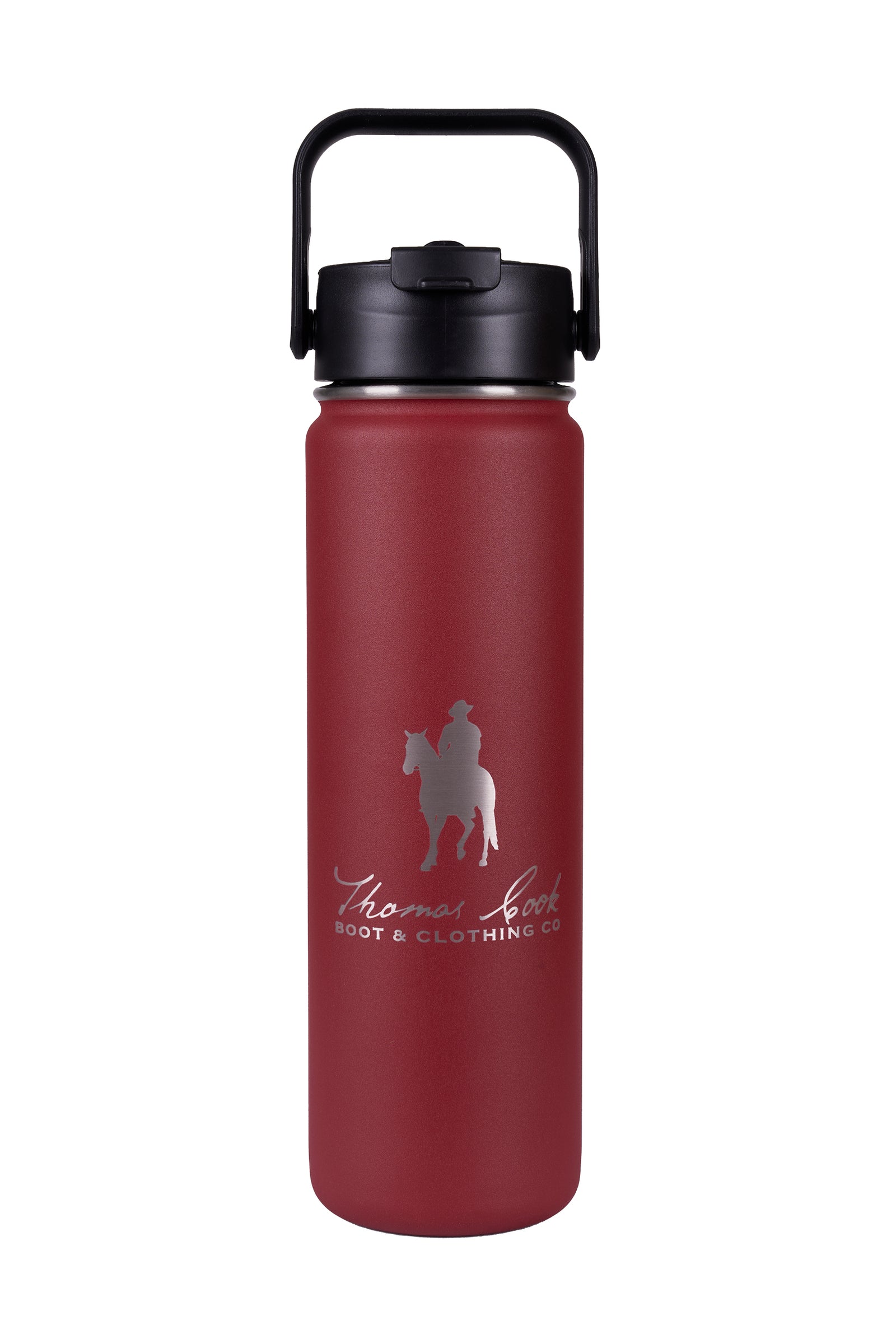 Thomas Cook Medium Drink Bottle. A dark-colored stainless steel drink bottle with a screw top lid and a handle, featuring a logo on the front.