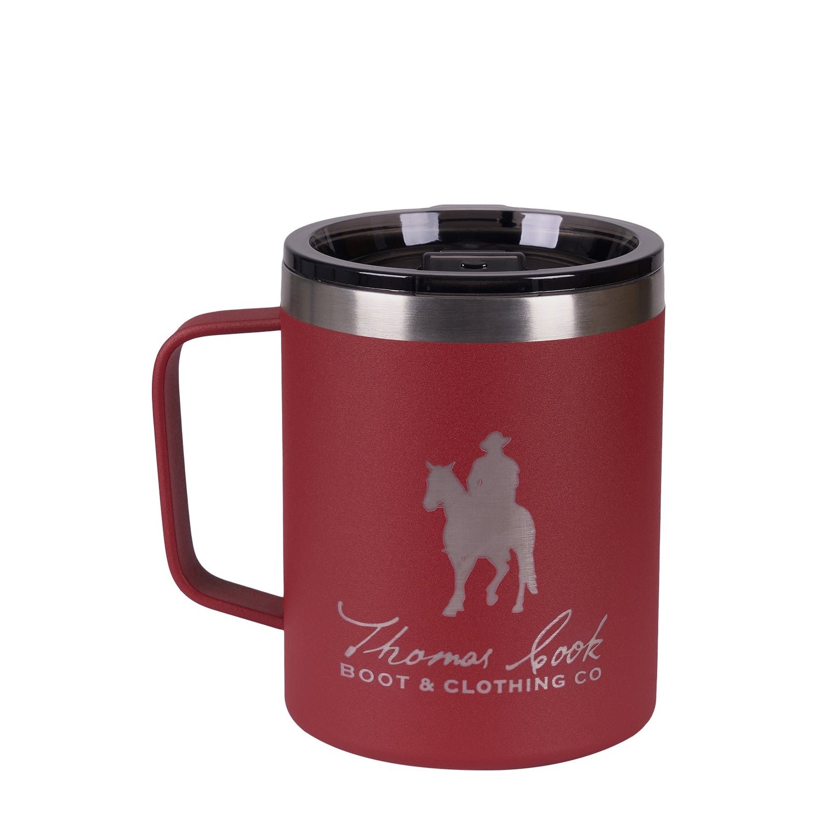 Thomas Cook Insulated Mug. A navy-colored insulated stainless steel mug with a handle, featuring an engraved logo on the side.