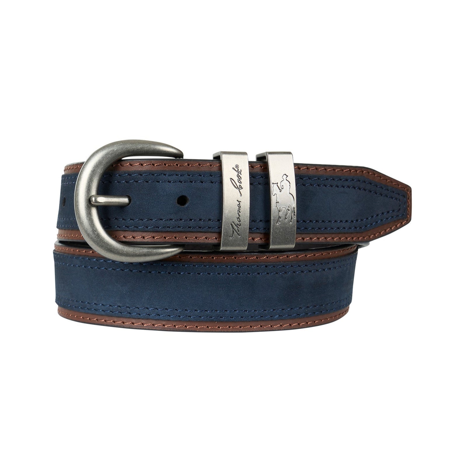 Thomas Cook Men's Stanley Belt. A navy and brown Thomas Cook men's belt with a metal buckle and embossed logo.