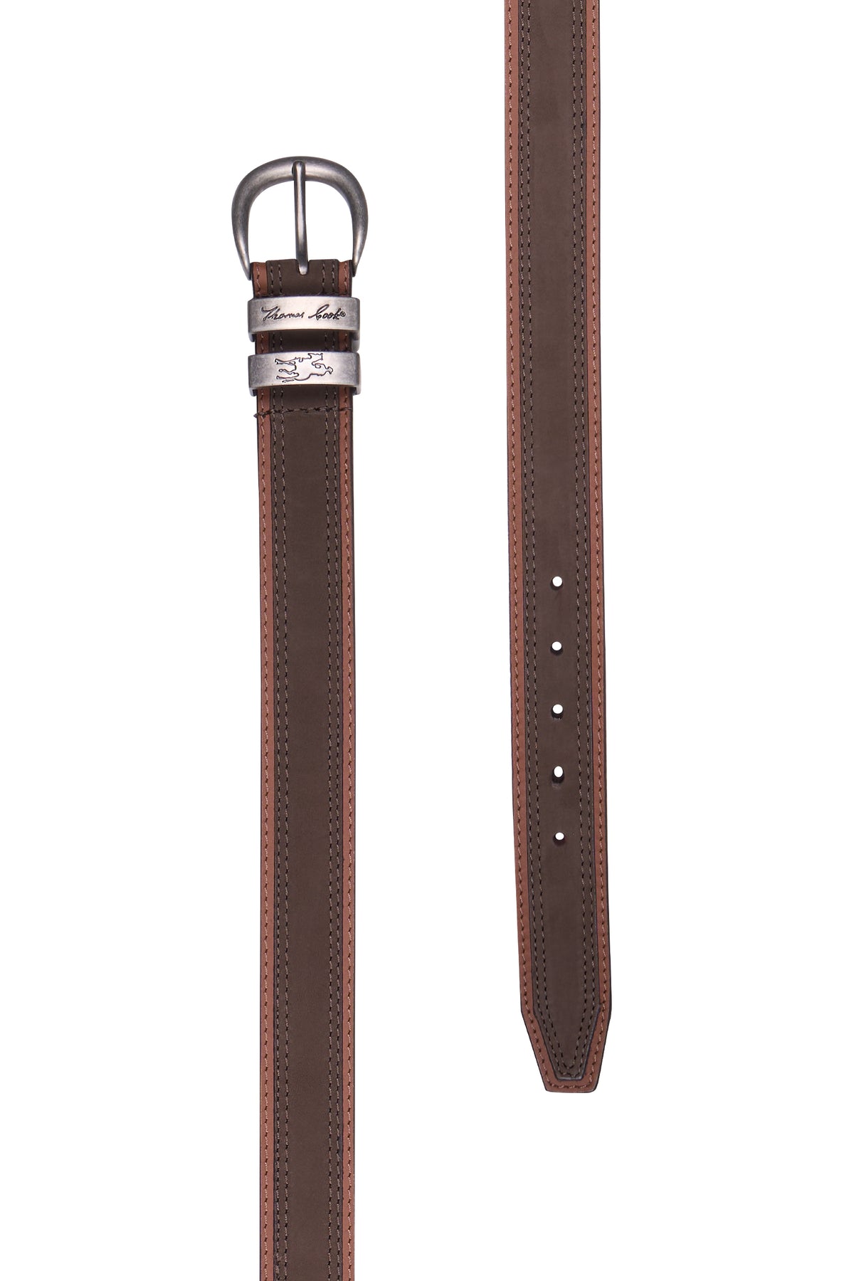 A dark brown leather belt with a silver-tone buckle and a matching silver-tone keeper, shown in a split view against a white background.