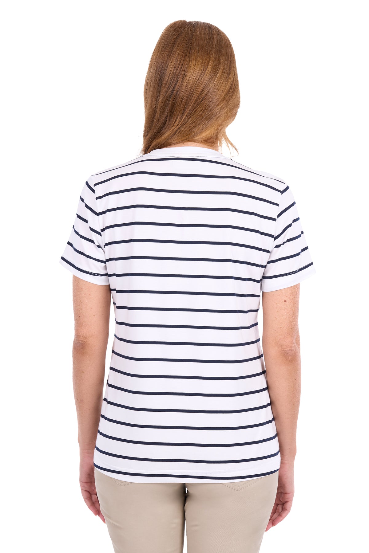 A woman viewed from the back wearing a white short-sleeve t-shirt with thin horizontal navy blue stripes, paired with beige pants, against a plain white background.