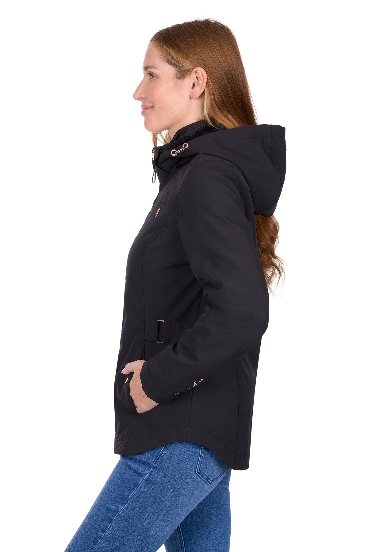Woman wearing a black hooded jacket on a white background