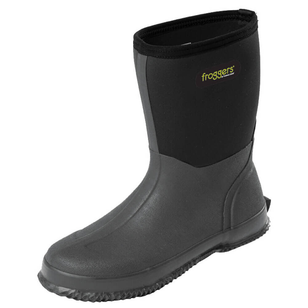 A black Thomas Cook women's froggers scrub boot with a rubber sole and neoprene rubber lining, featuring a pull tab on the shaft for easy wear.
