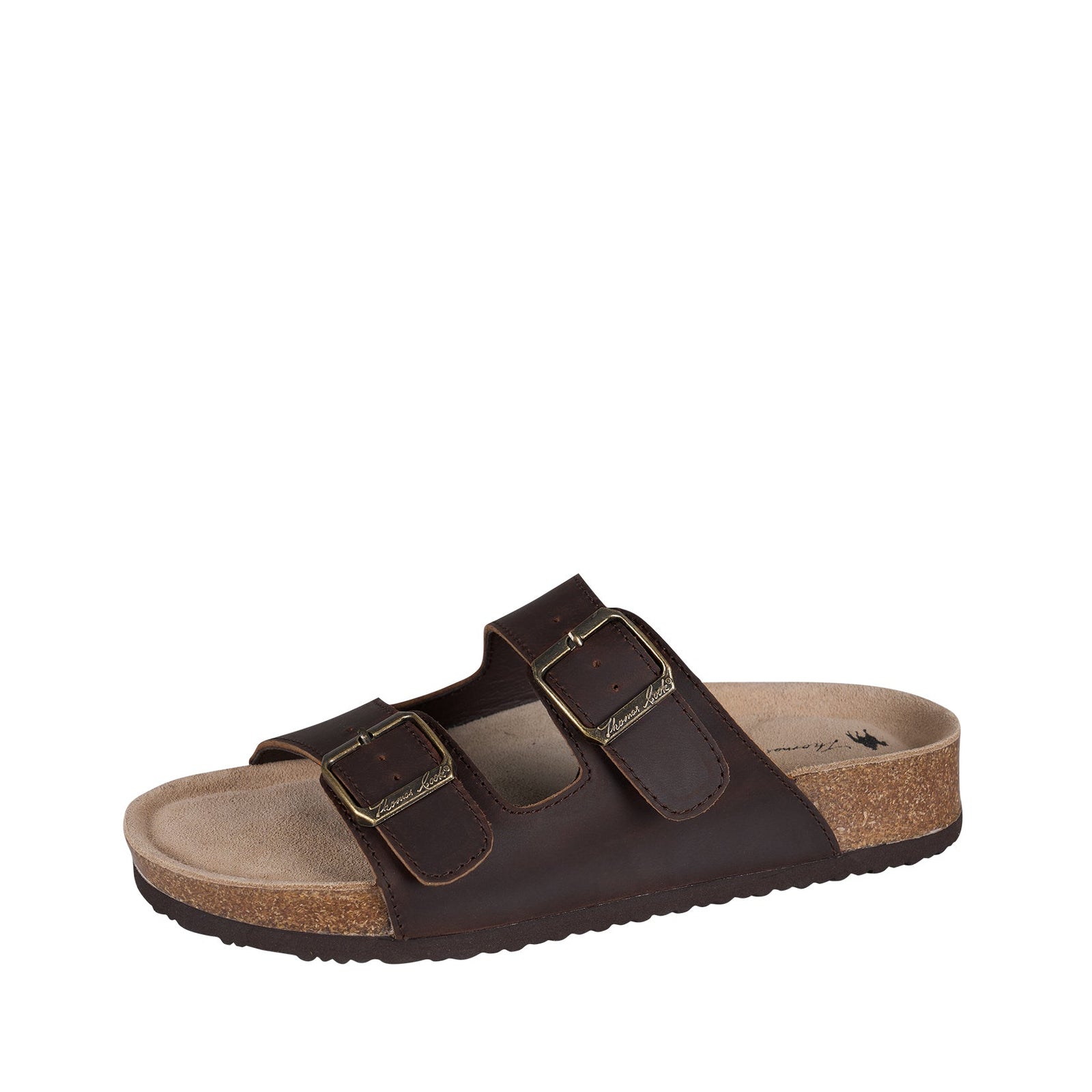 Thomas Cook Women's Trinity Buckle Sandal. Brown sandal with cork sole on a white background