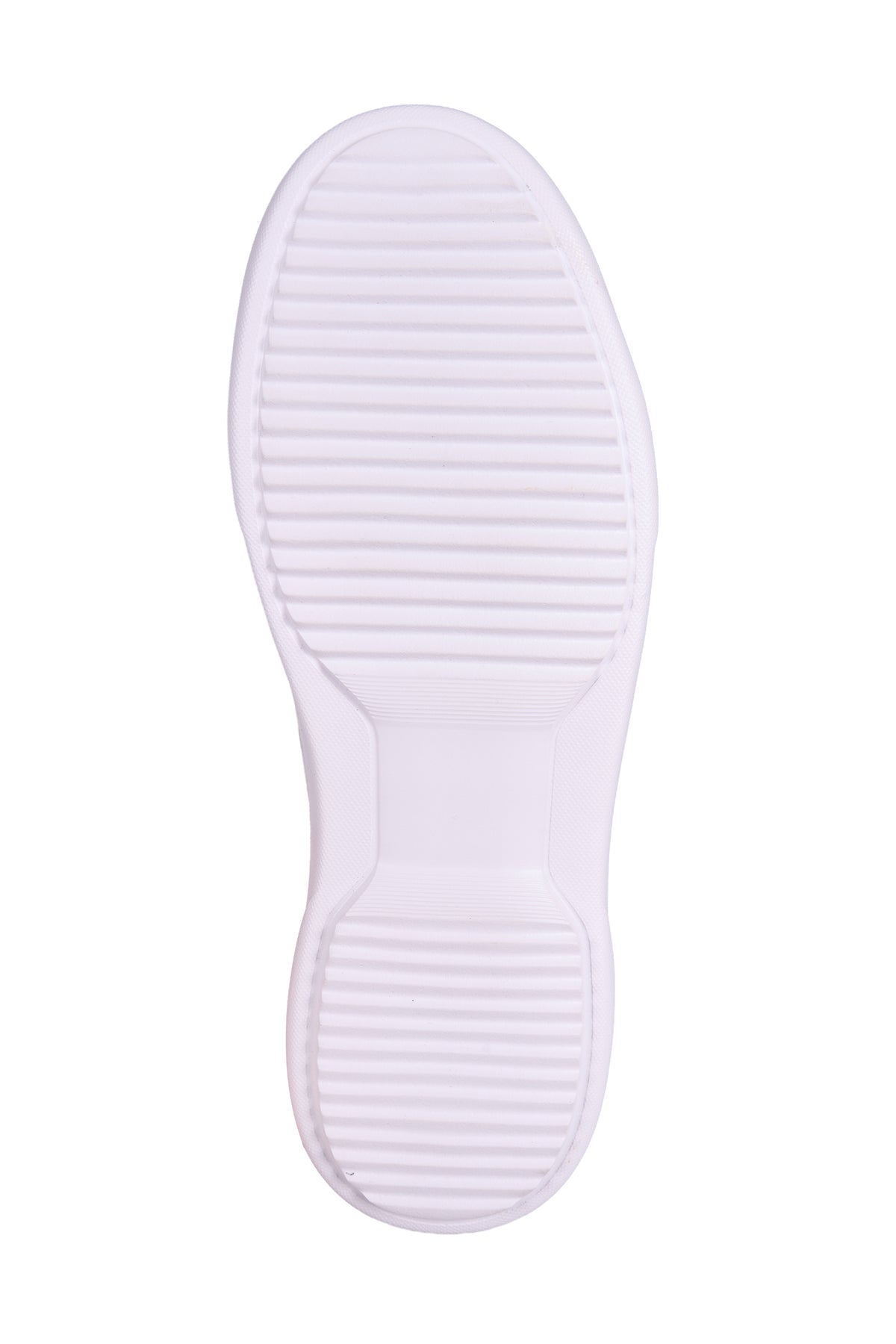 A single white shoe sole with horizontal grooved tread patterns, shown from a top-down view on a solid white background.