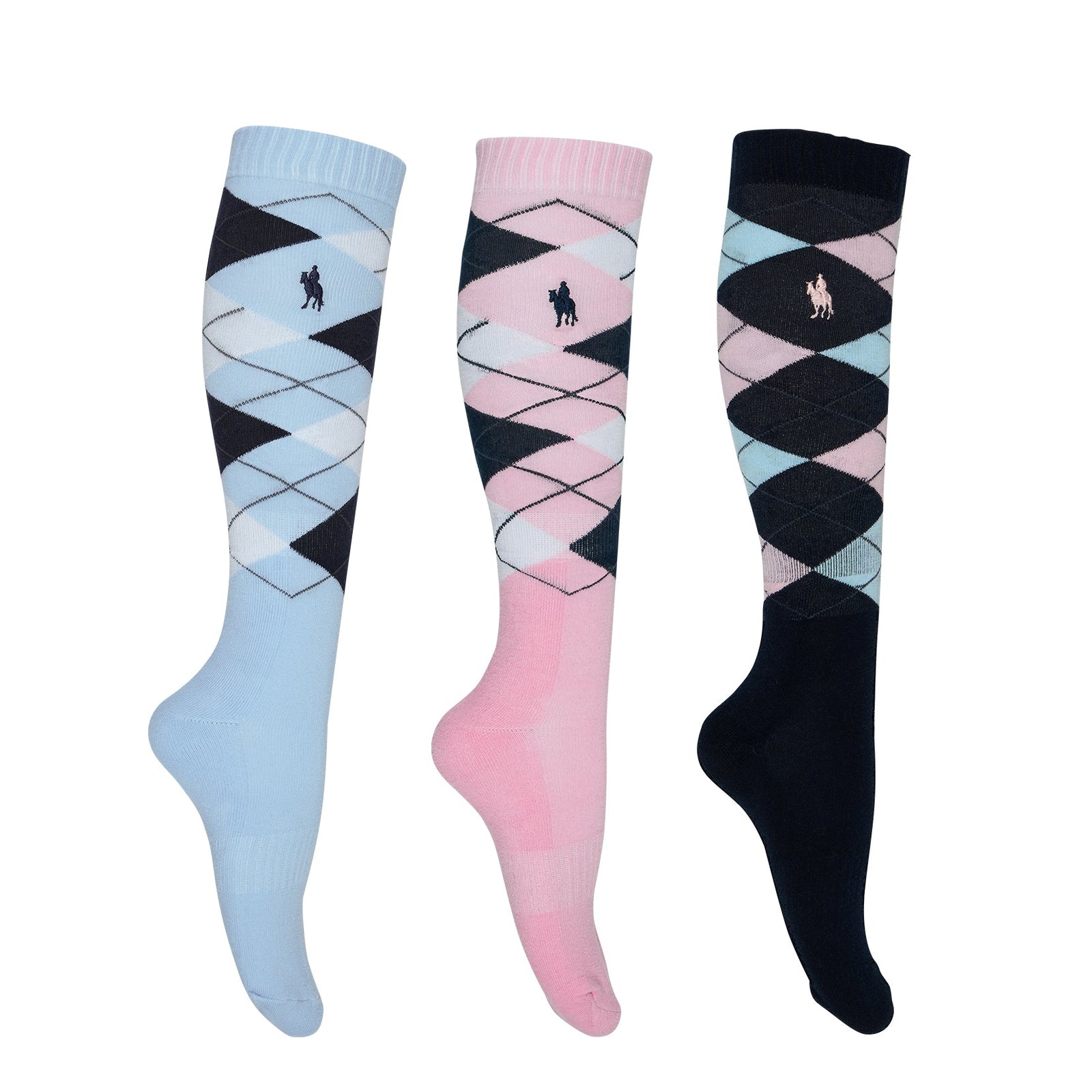 Three pairs of argyle patterned knee-high socks in blue, pink, and black on a white background.
