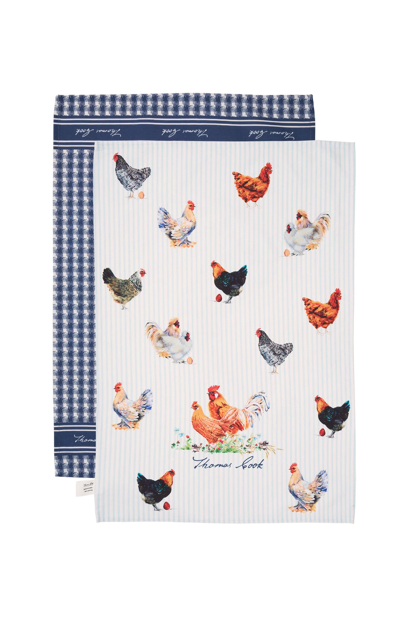 Thomas Cook Chickens Tea Towel 2 Pack. Two tea towels, one with a chicken pattern and the other with a blue and white checkered design, both on a white background.
