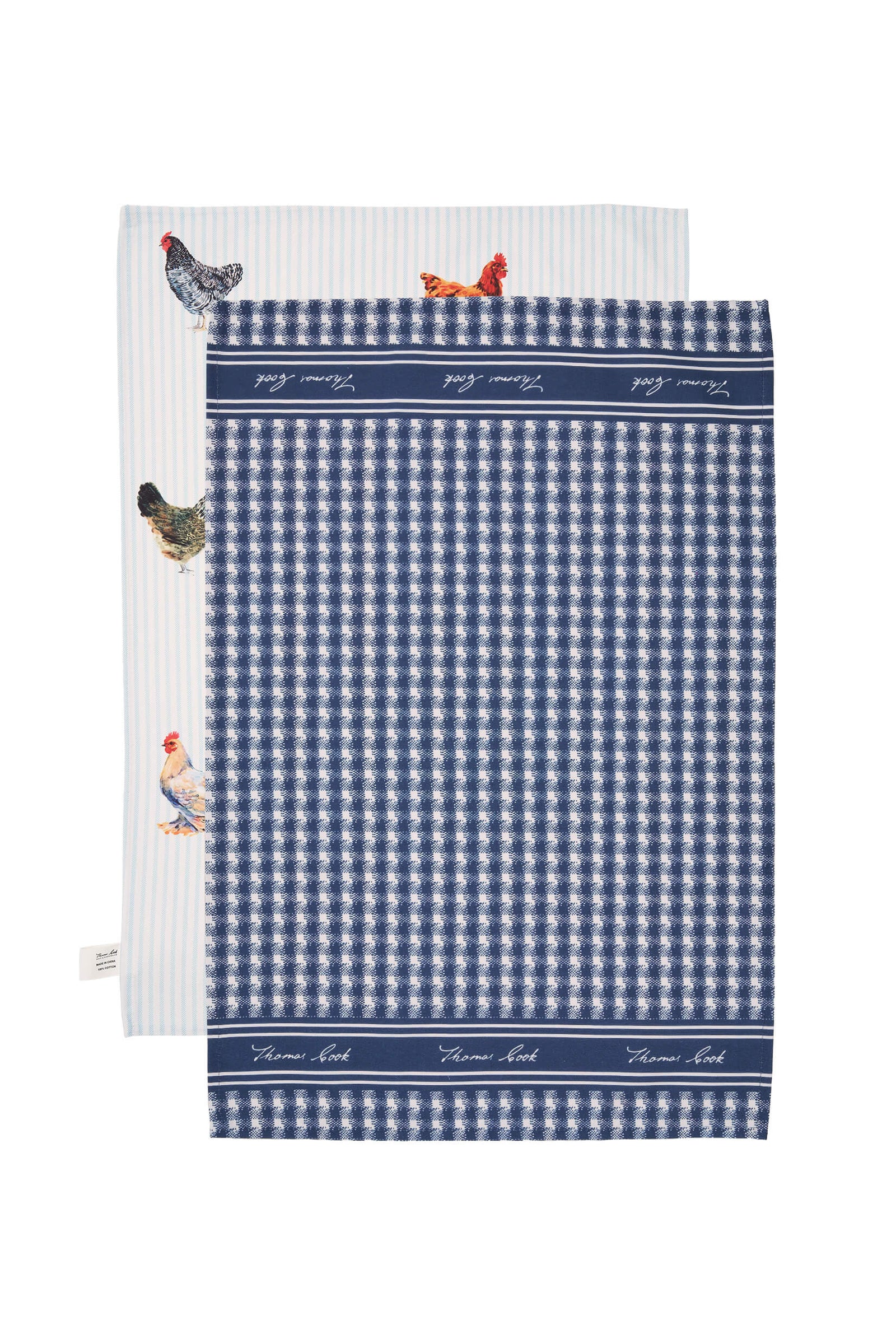 Thomas Cook Chickens Tea Towel 2 Pack. Two tea towels, one with a chicken pattern and the other with a blue and white checkered design, both on a white background.