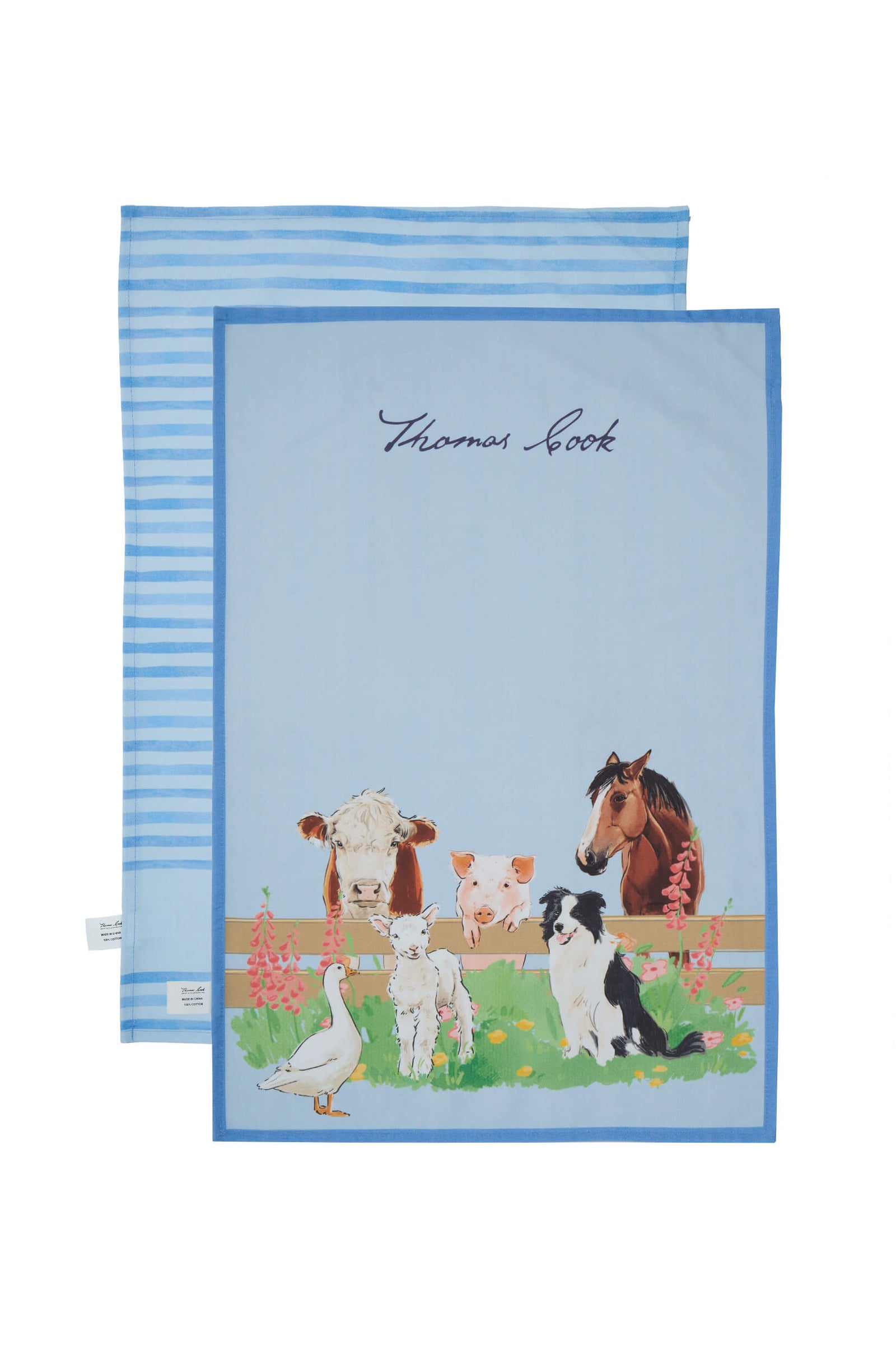 Thomas Cook Farmyard Tea Towel 2 Pack. Two Thomas Cook Farmyard-themed tea towels, one with a blue striped pattern and the other featuring farm animals on a blue background.