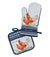 Thomas Cook Chickens Oven Mitt & Pot Holder. A set of Thomas Cook branded oven mitt and pot holder featuring a chicken design on a striped background.